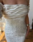 Vintage 90s Jacquard Lace Off Shoulder Wedding Gown with Bow and Train