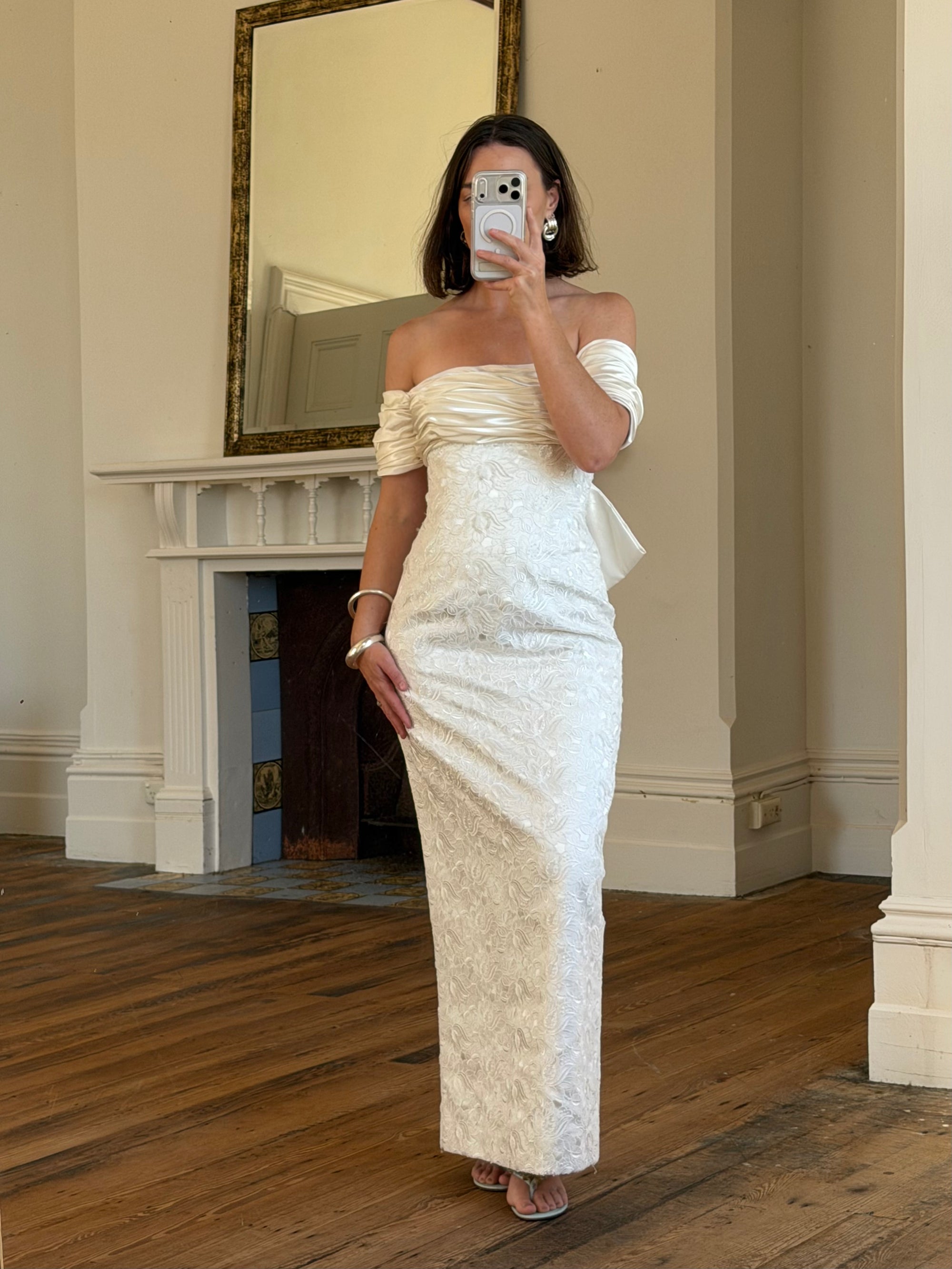 Vintage 90s Jacquard Lace Off Shoulder Wedding Gown with Bow and Train