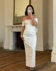 Vintage 90s Jacquard Lace Off Shoulder Wedding Gown with Bow and Train