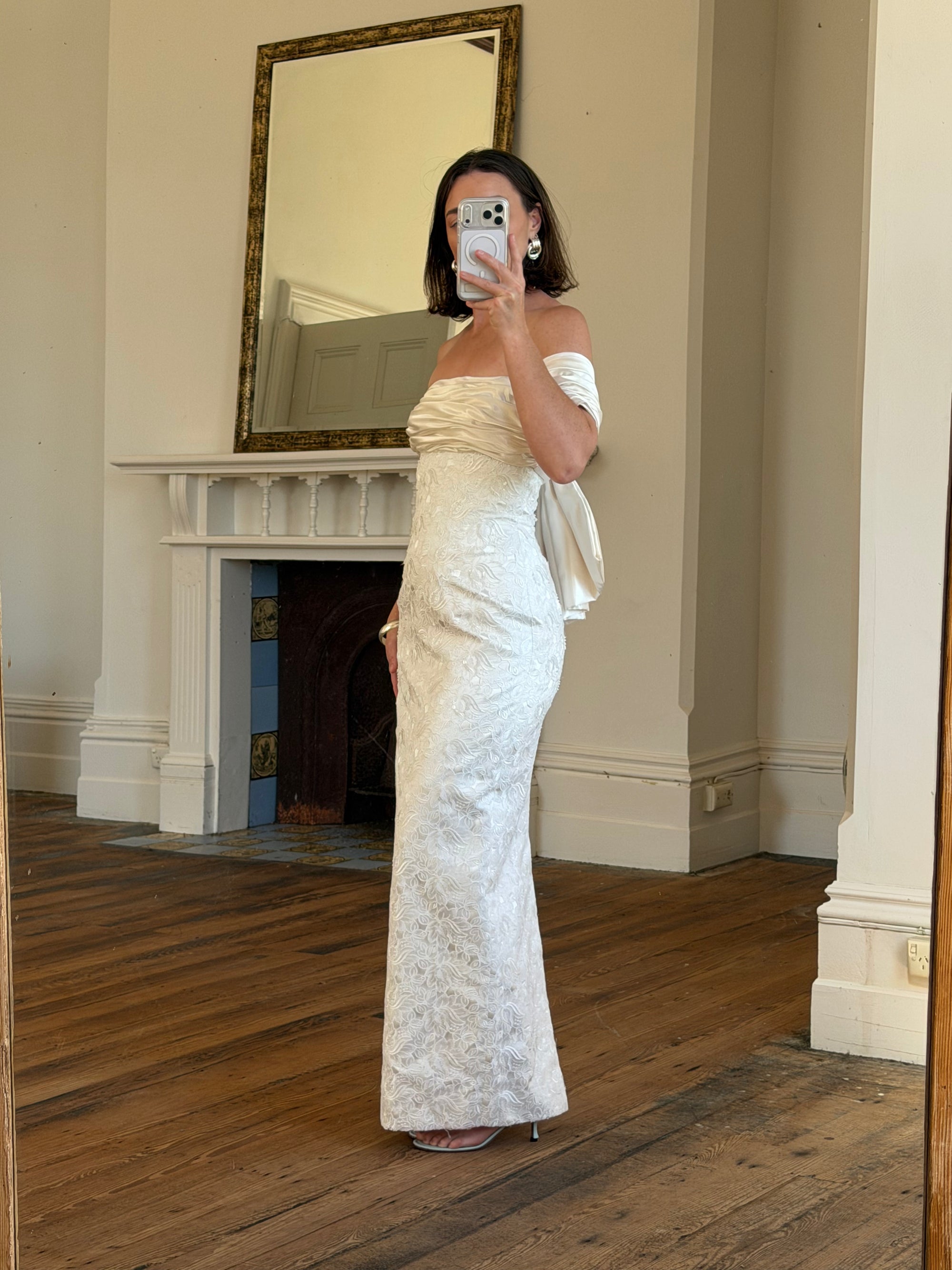 Vintage 90s Jacquard Lace Off Shoulder Wedding Gown with Bow and Train