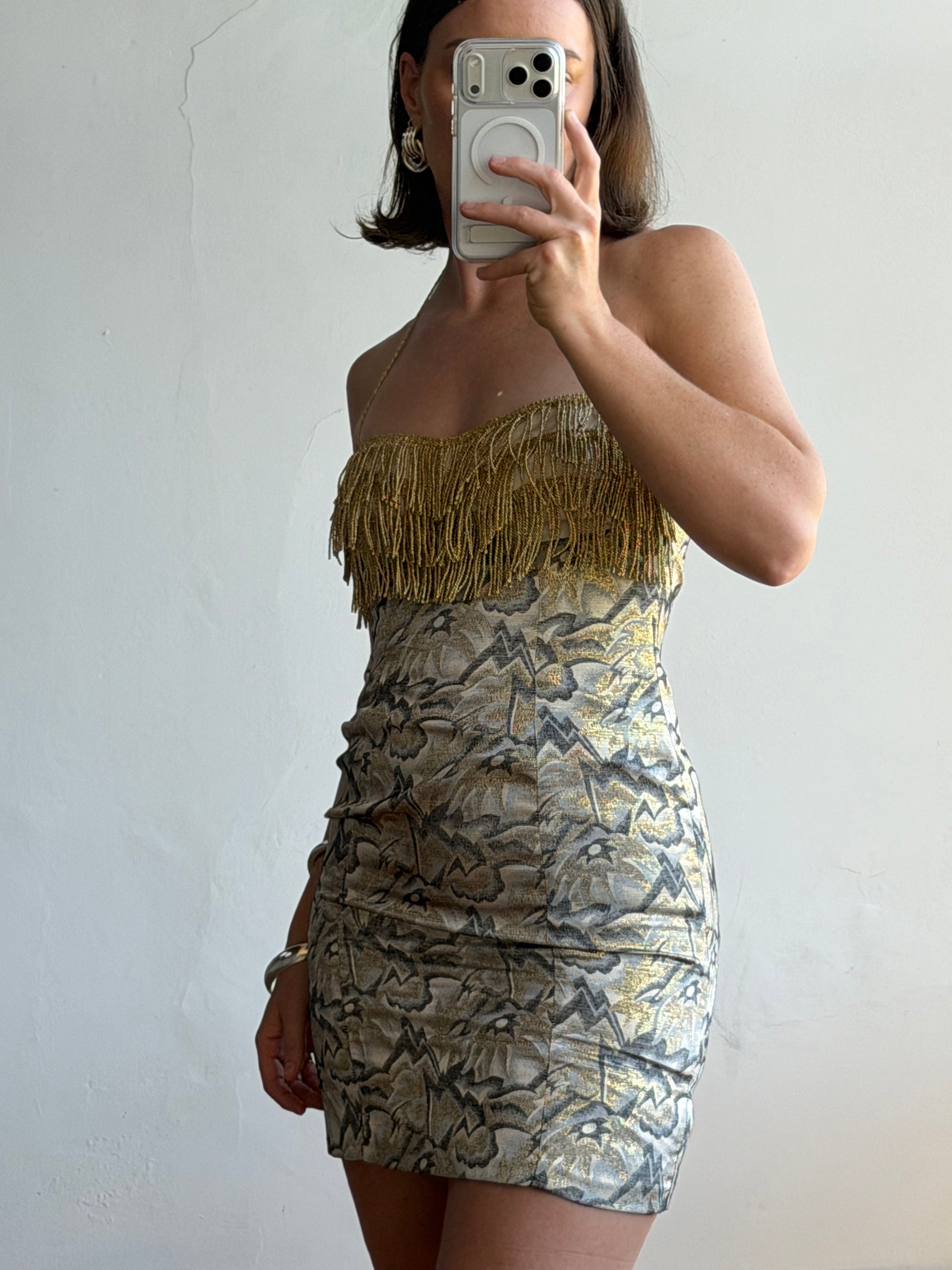 Vintage 90s Lurex Tapestry Golden Tassel Mini Dress