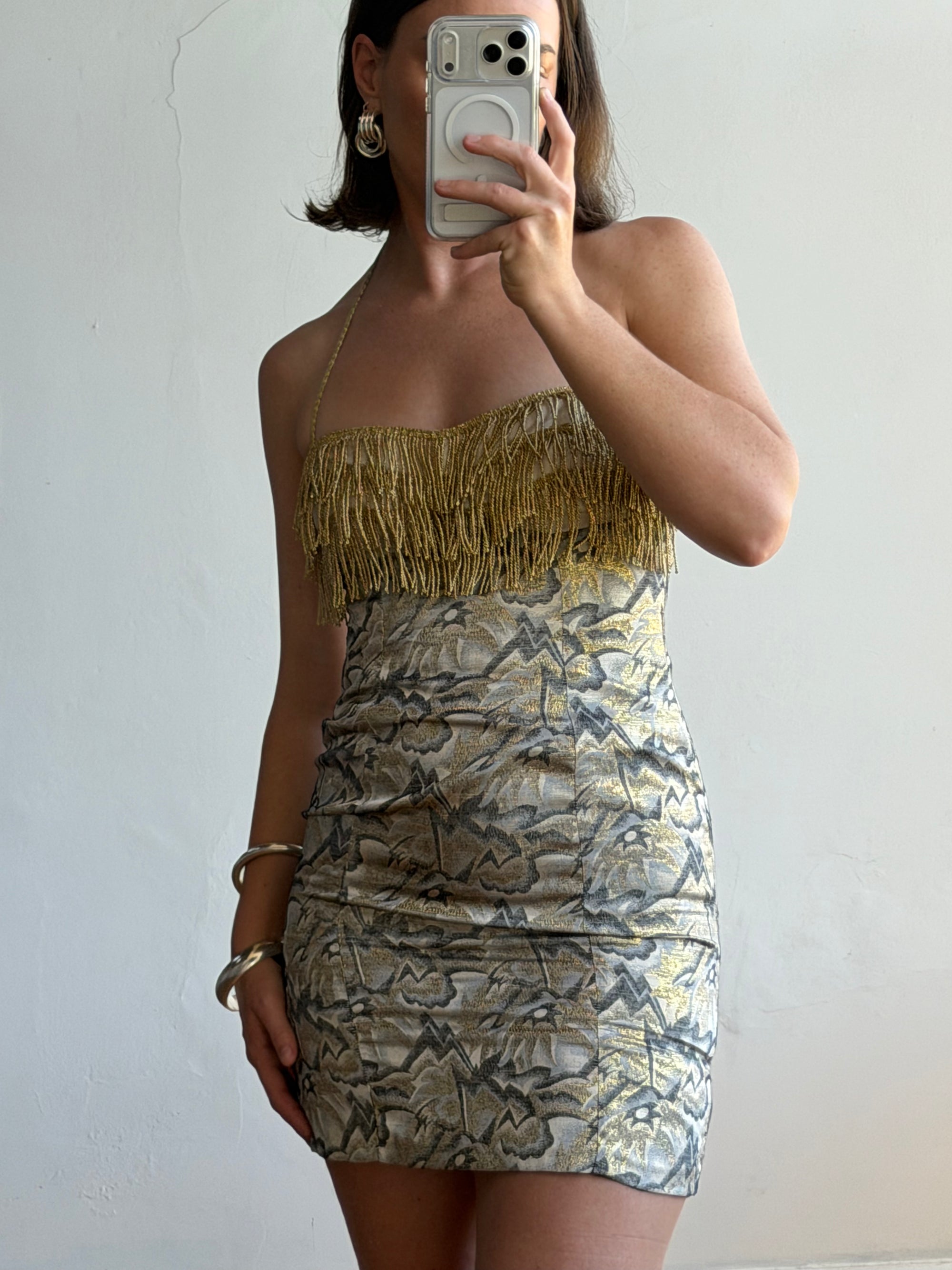 Vintage 90s Lurex Tapestry Golden Tassel Mini Dress – Call Me The Breeze