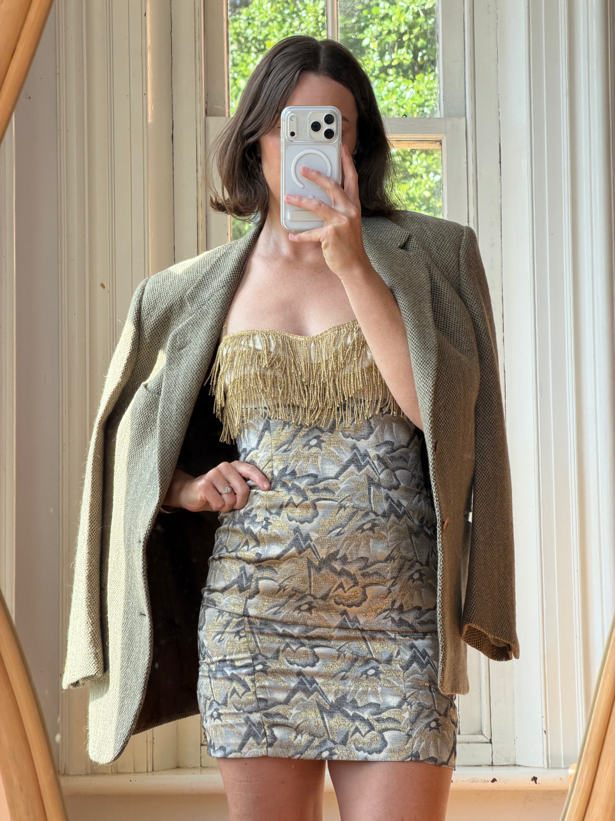Vintage 90s Lurex Tapestry Golden Tassel Mini Dress