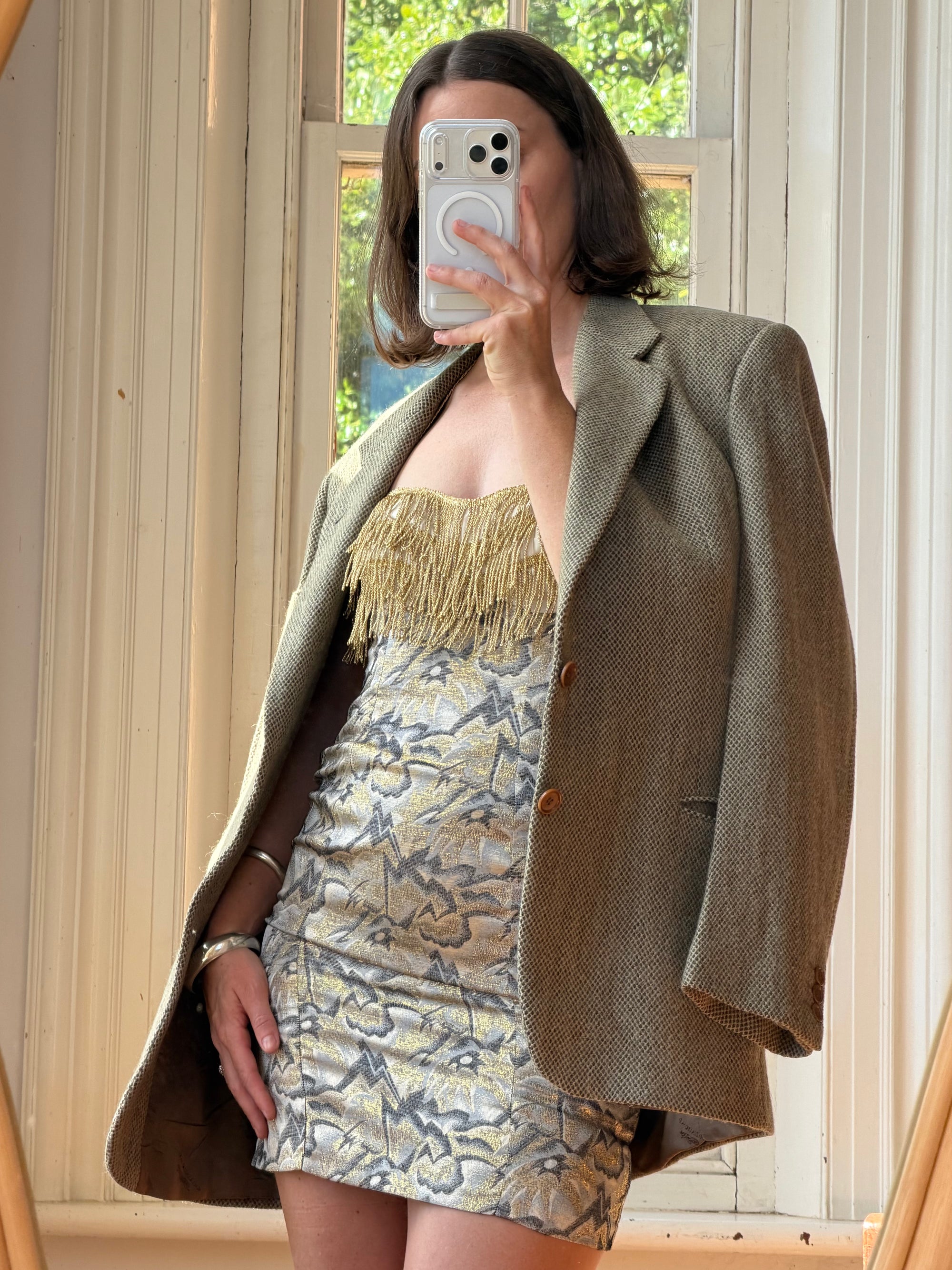 Vintage 90s Lurex Tapestry Golden Tassel Mini Dress