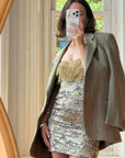 Vintage 90s Lurex Tapestry Golden Tassel Mini Dress
