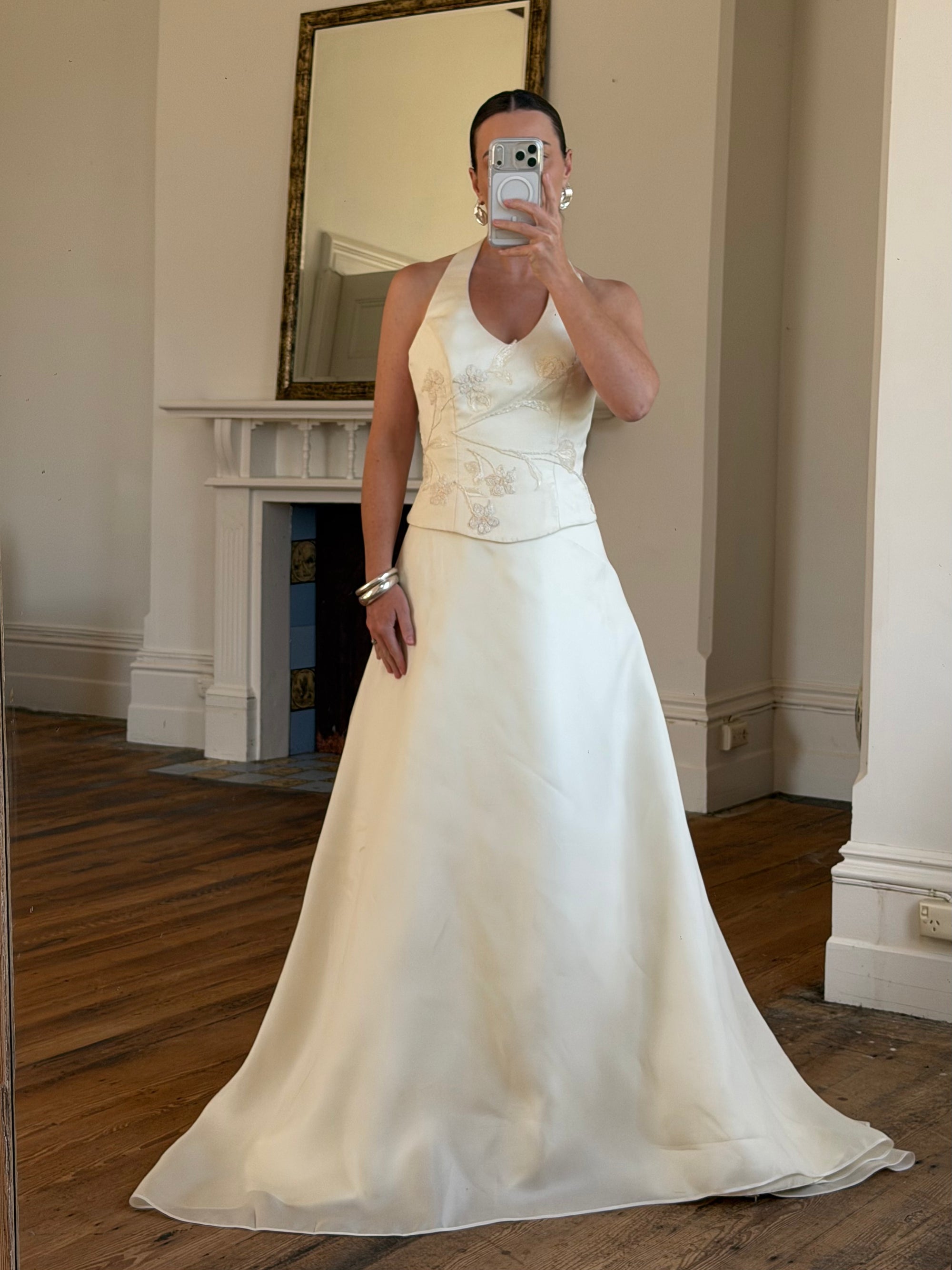 Vintage 90s Italian Halter Satin Princess Wedding Dress Set