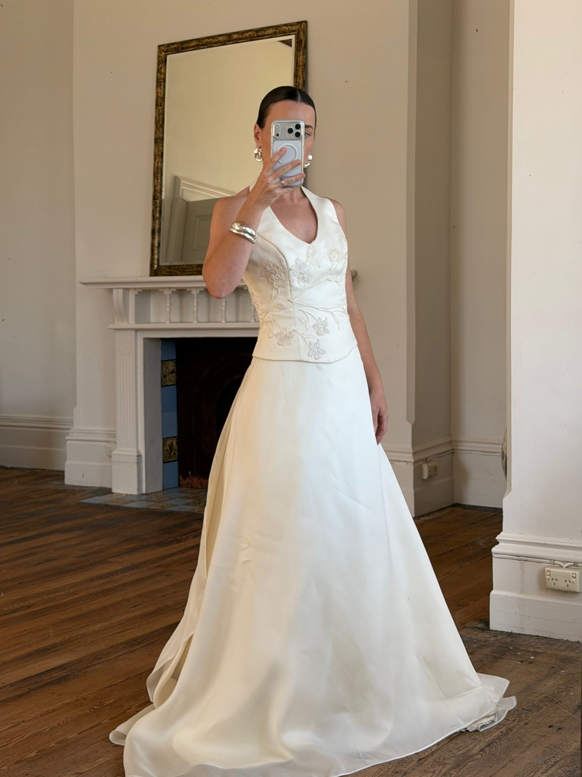 Vintage 90s Italian Halter Satin Princess Wedding Dress Set