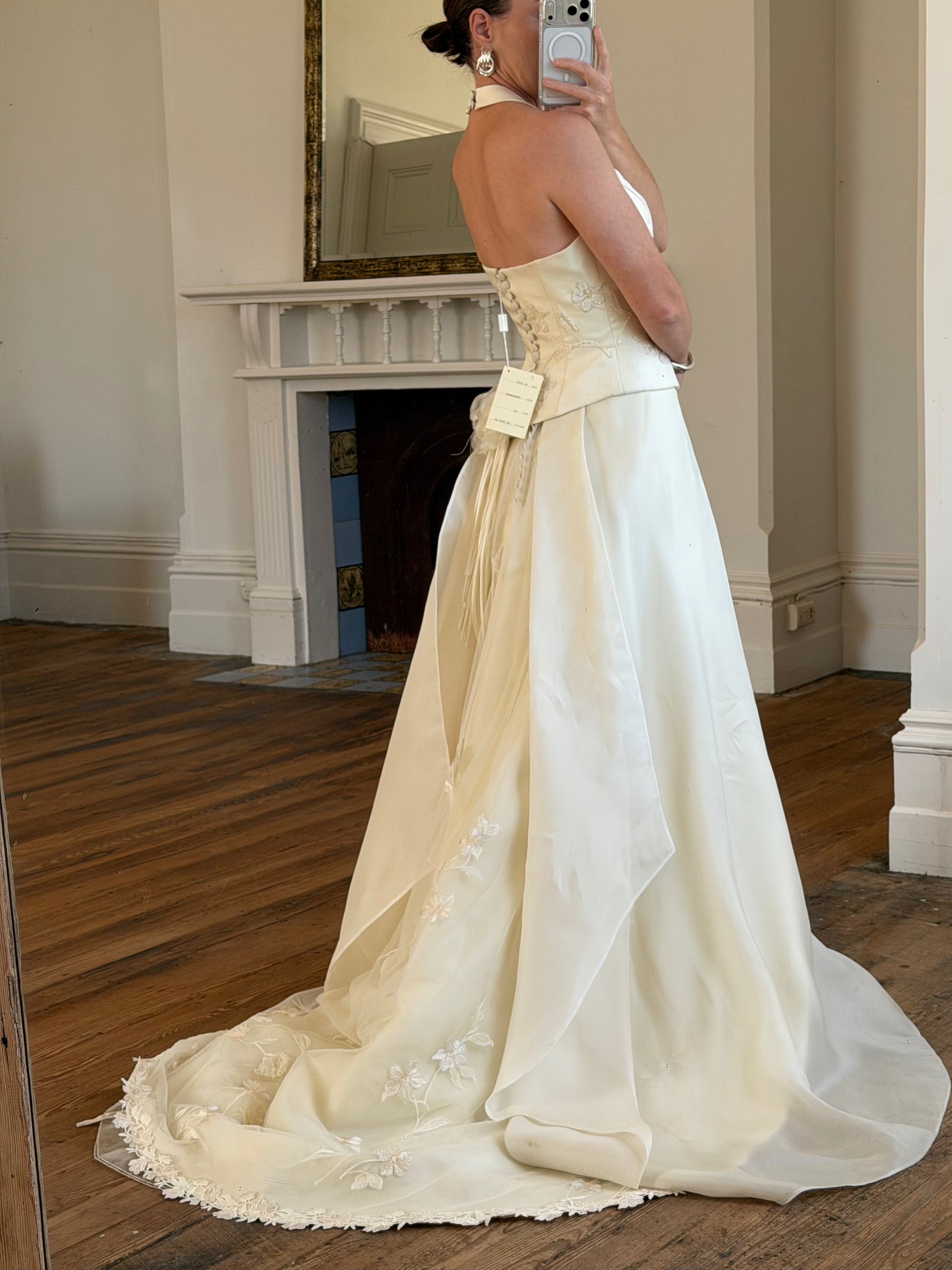 Vintage 90s Italian Halter Satin Princess Wedding Dress Set