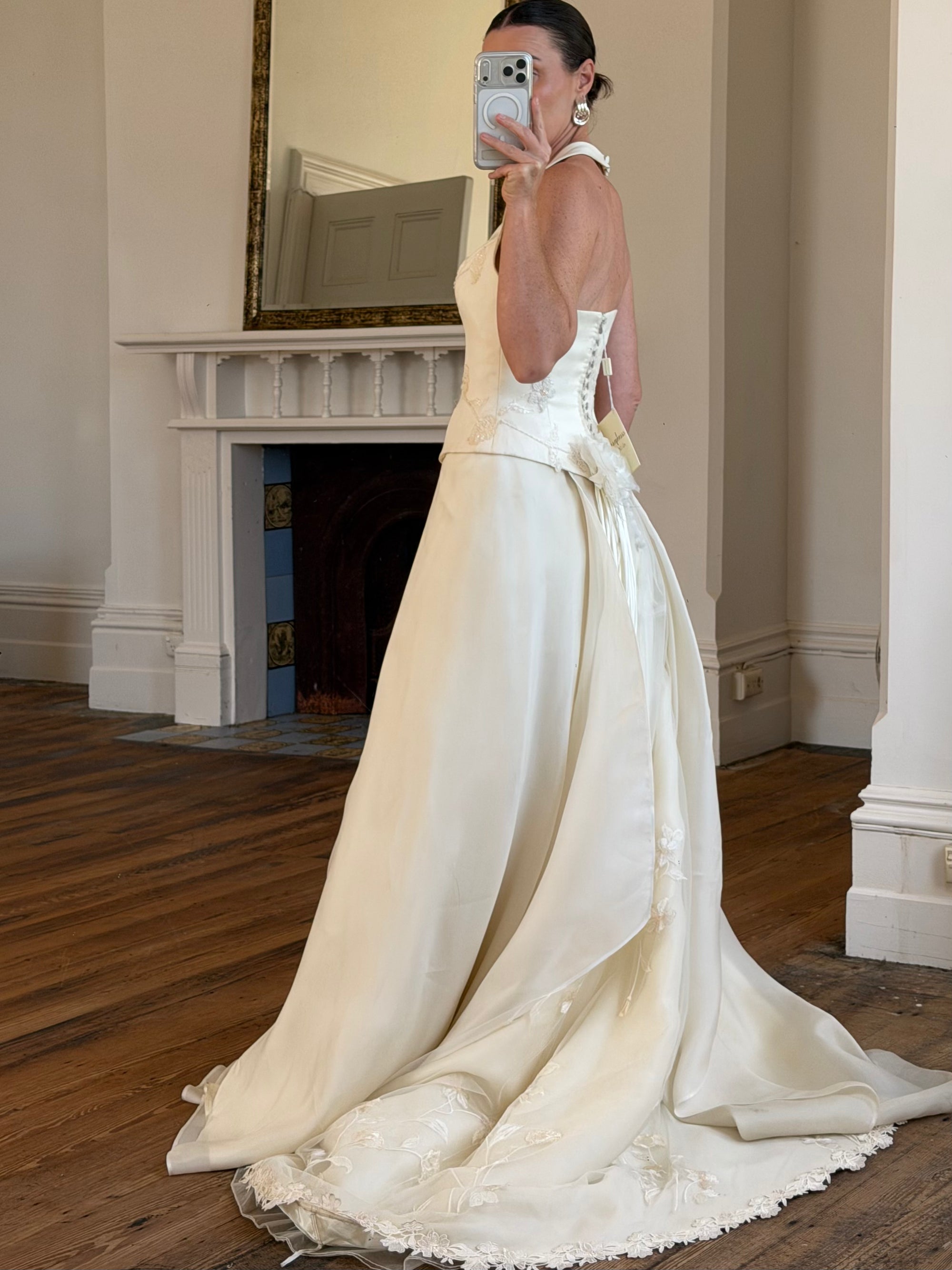 Vintage 90s Italian Halter Satin Princess Wedding Dress Set