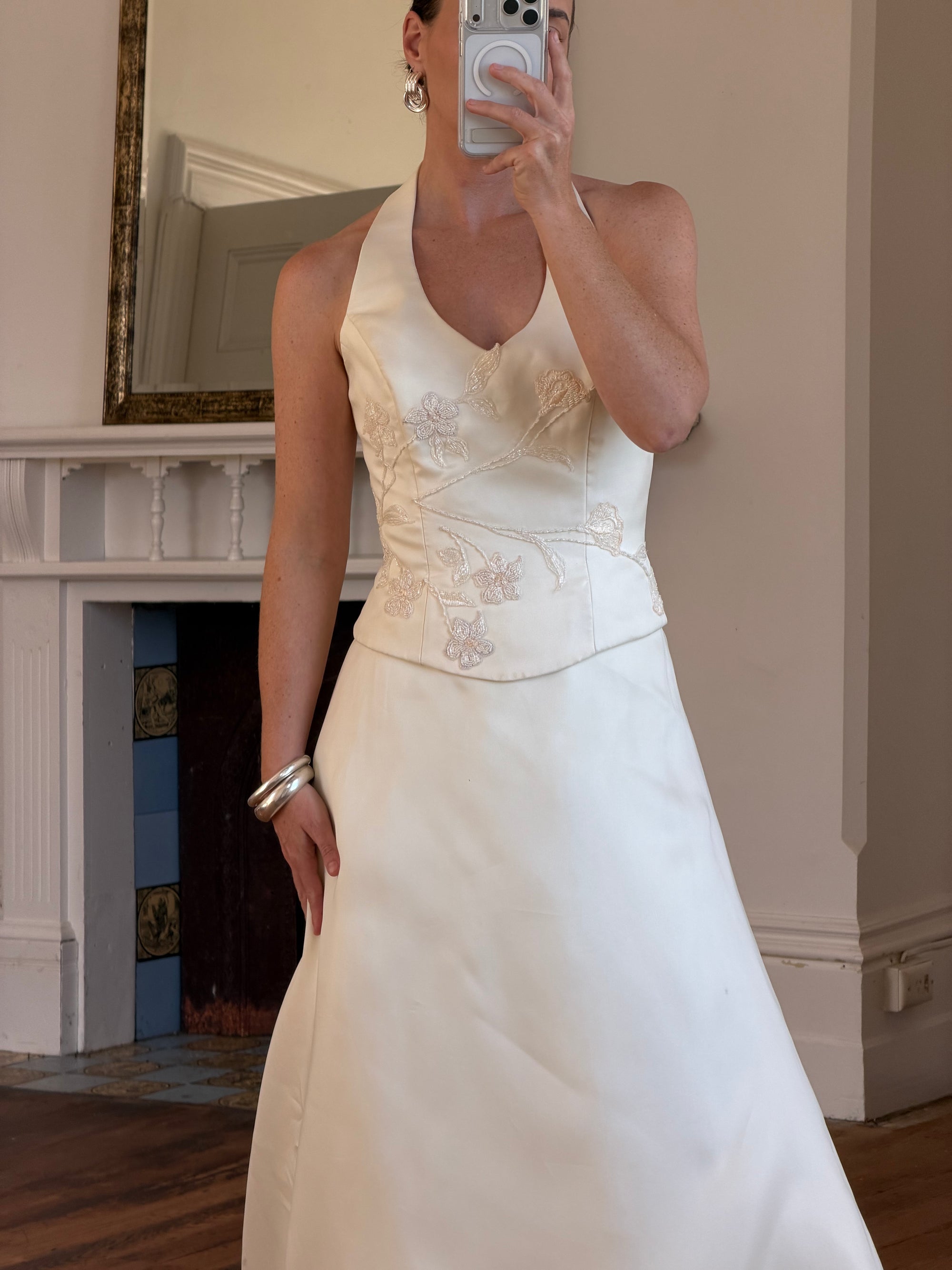 Vintage 90s Italian Halter Satin Princess Wedding Dress Set