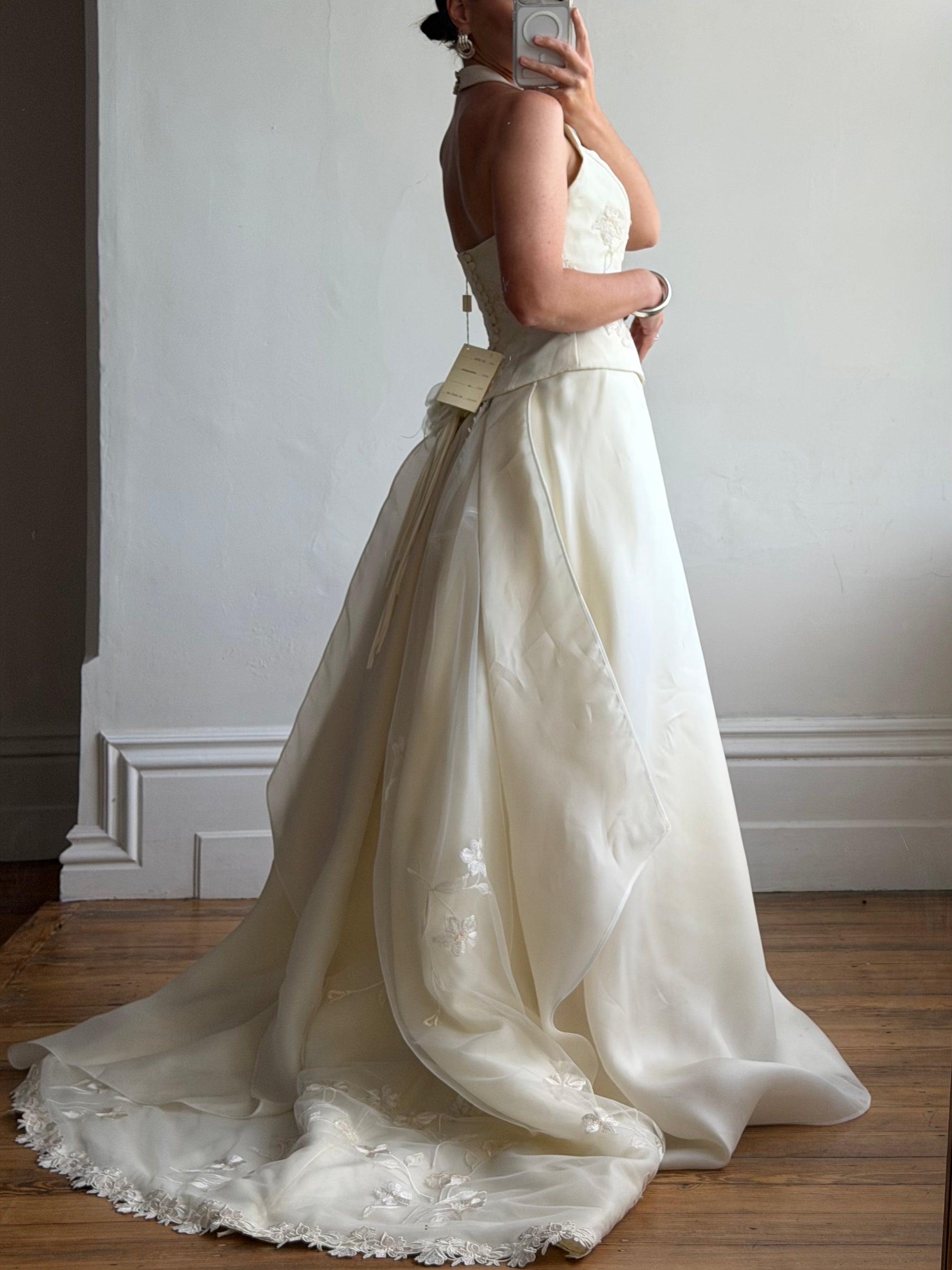 Vintage 90s Italian Halter Satin Princess Wedding Dress Set