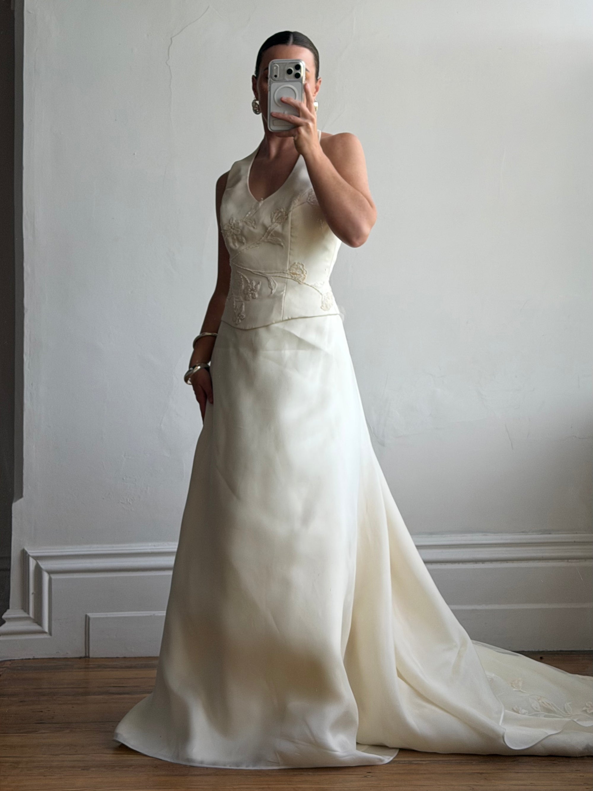Vintage 90s Italian Halter Satin Princess Wedding Dress Set