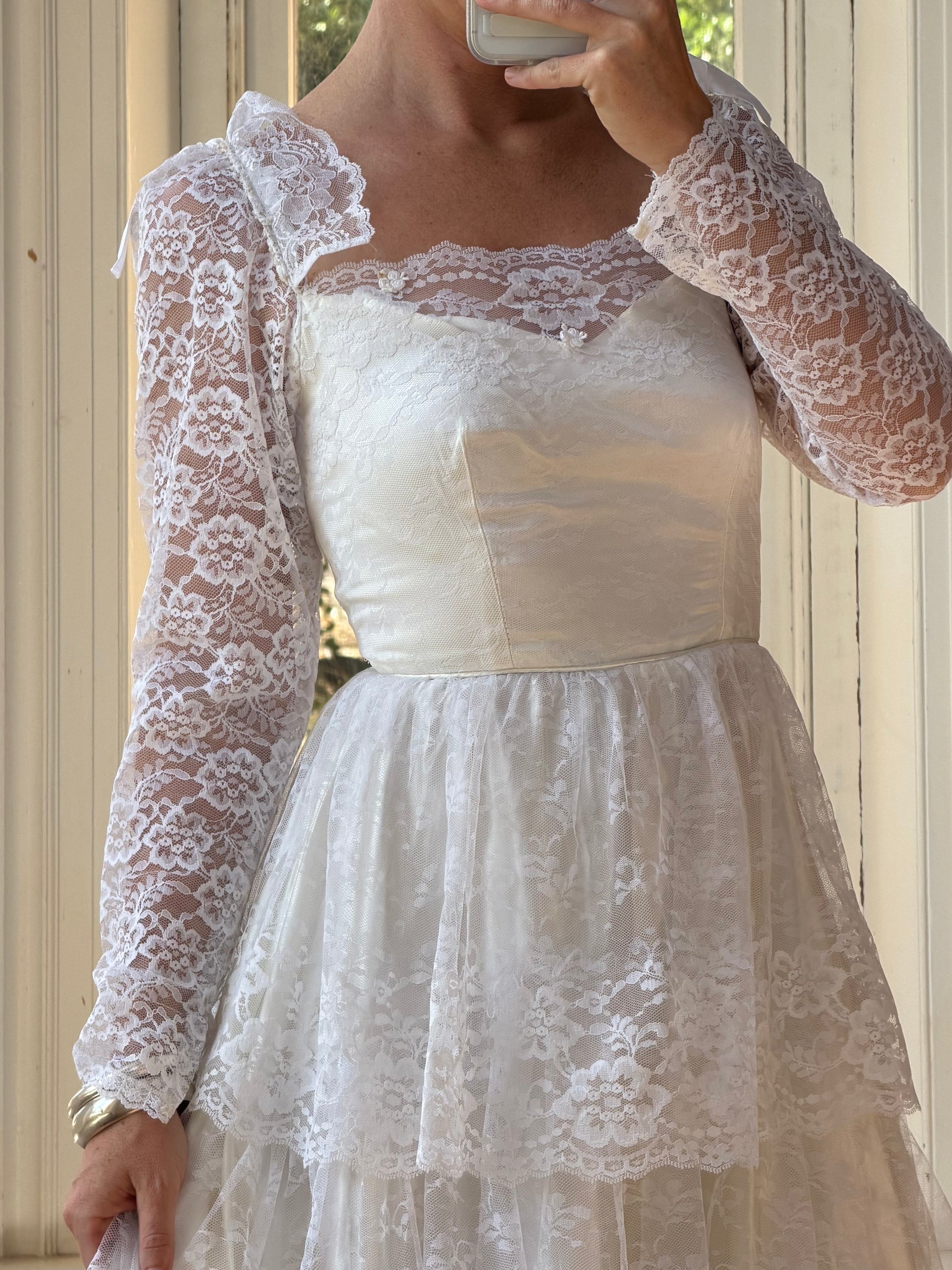 Vintage 70s Tiered Lace Wedding Dress With Cathedral Train