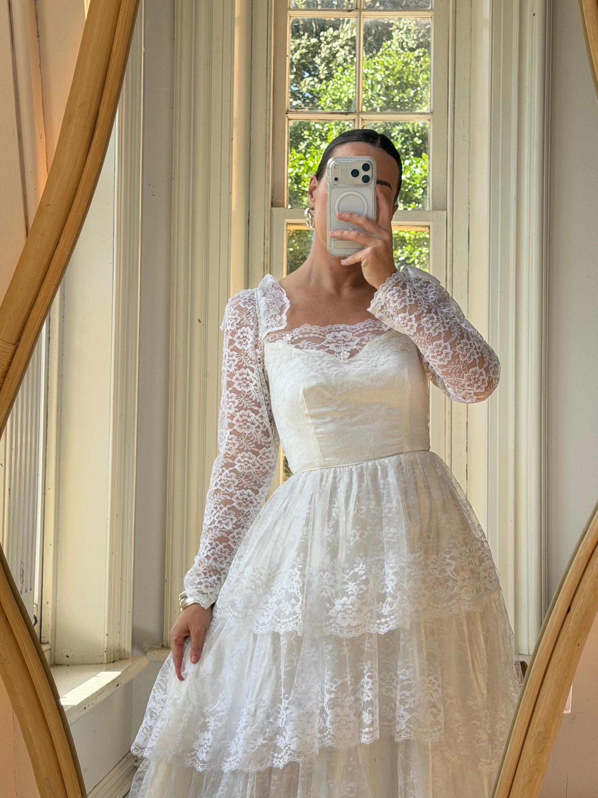 Vintage 70s Tiered Lace Wedding Dress With Cathedral Train