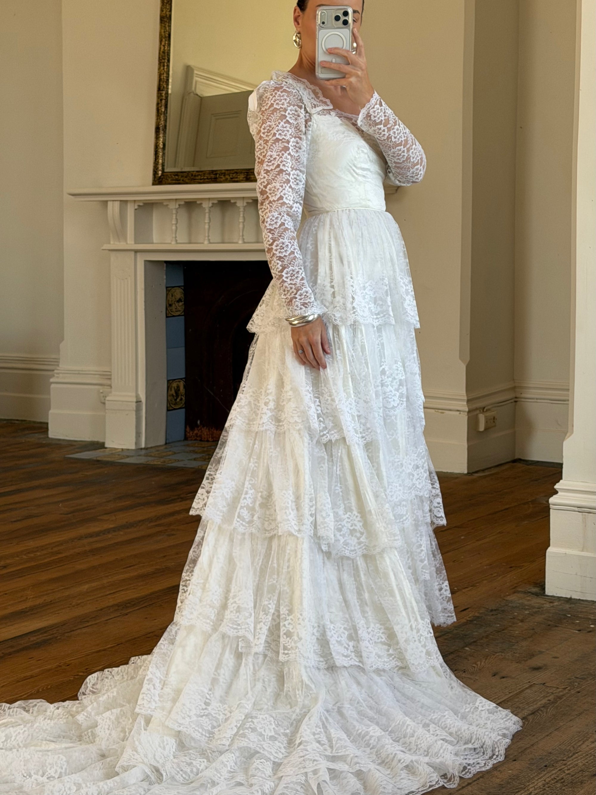 Vintage 70s Tiered Lace Wedding Dress With Cathedral Train