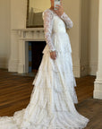 Vintage 70s Tiered Lace Wedding Dress With Cathedral Train