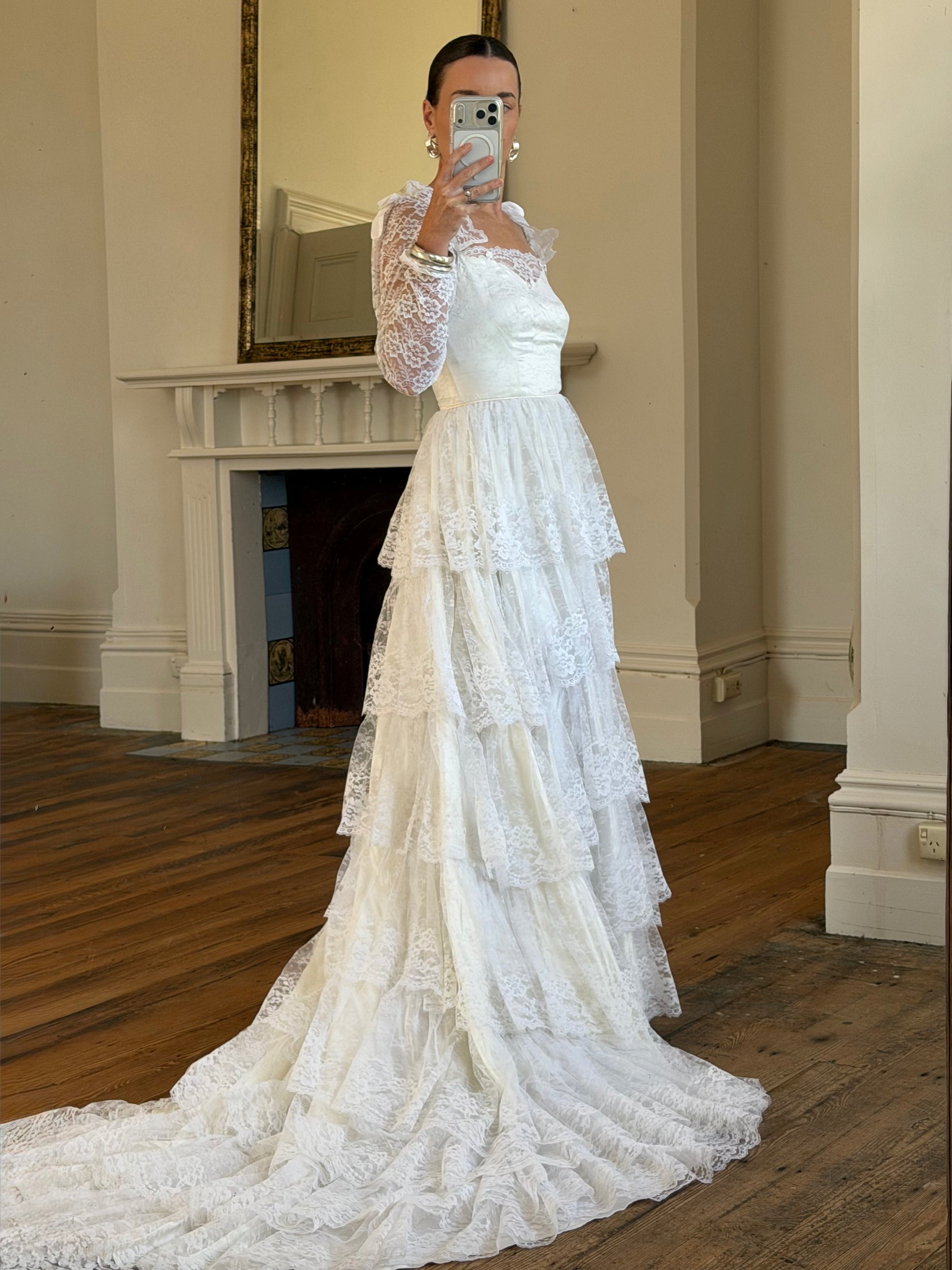 Vintage 70s Tiered Lace Wedding Dress With Cathedral Train