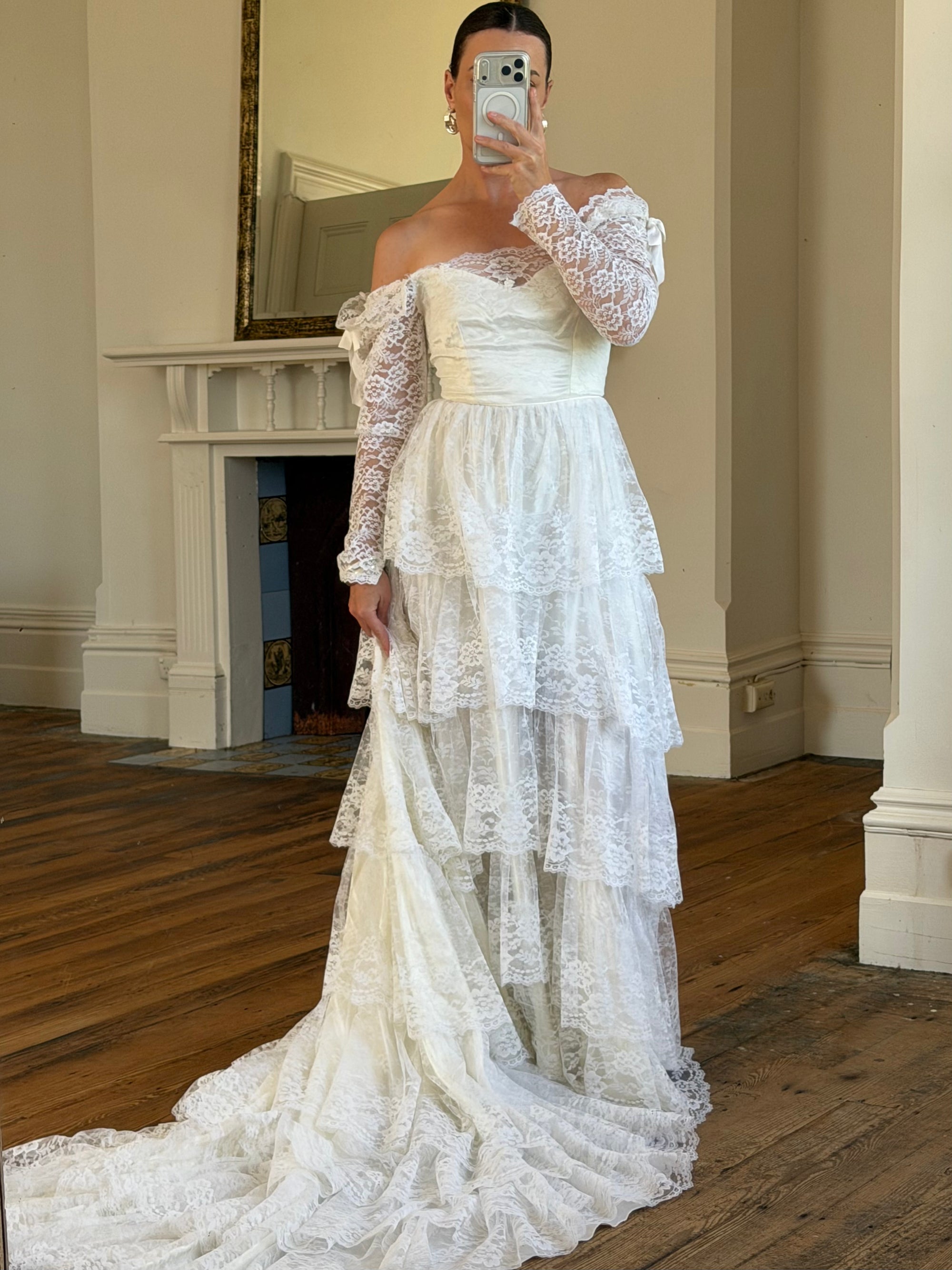 Vintage 70s Tiered Lace Wedding Dress With Cathedral Train