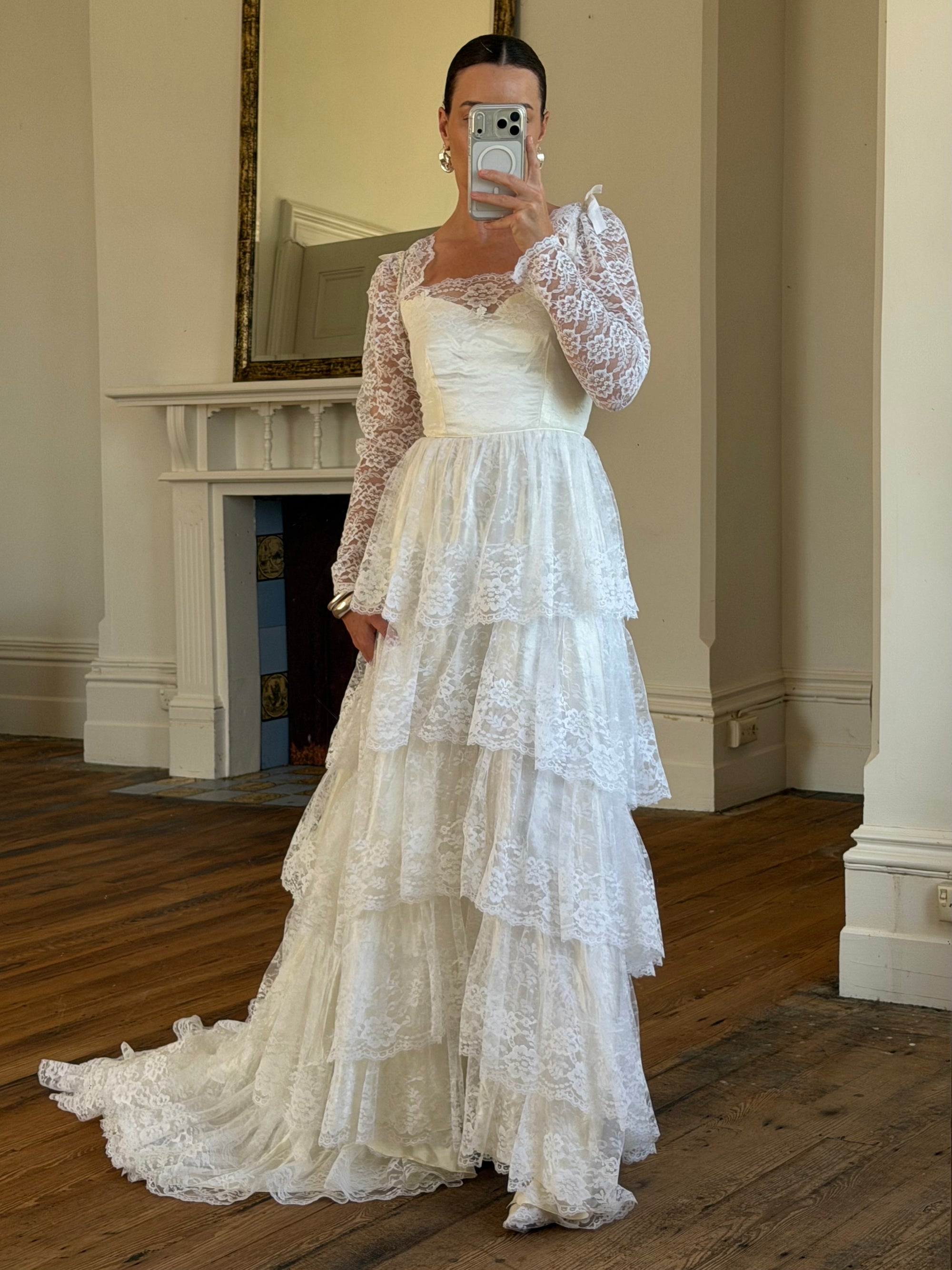 Vintage 70s Tiered Lace Wedding Dress With Cathedral Train