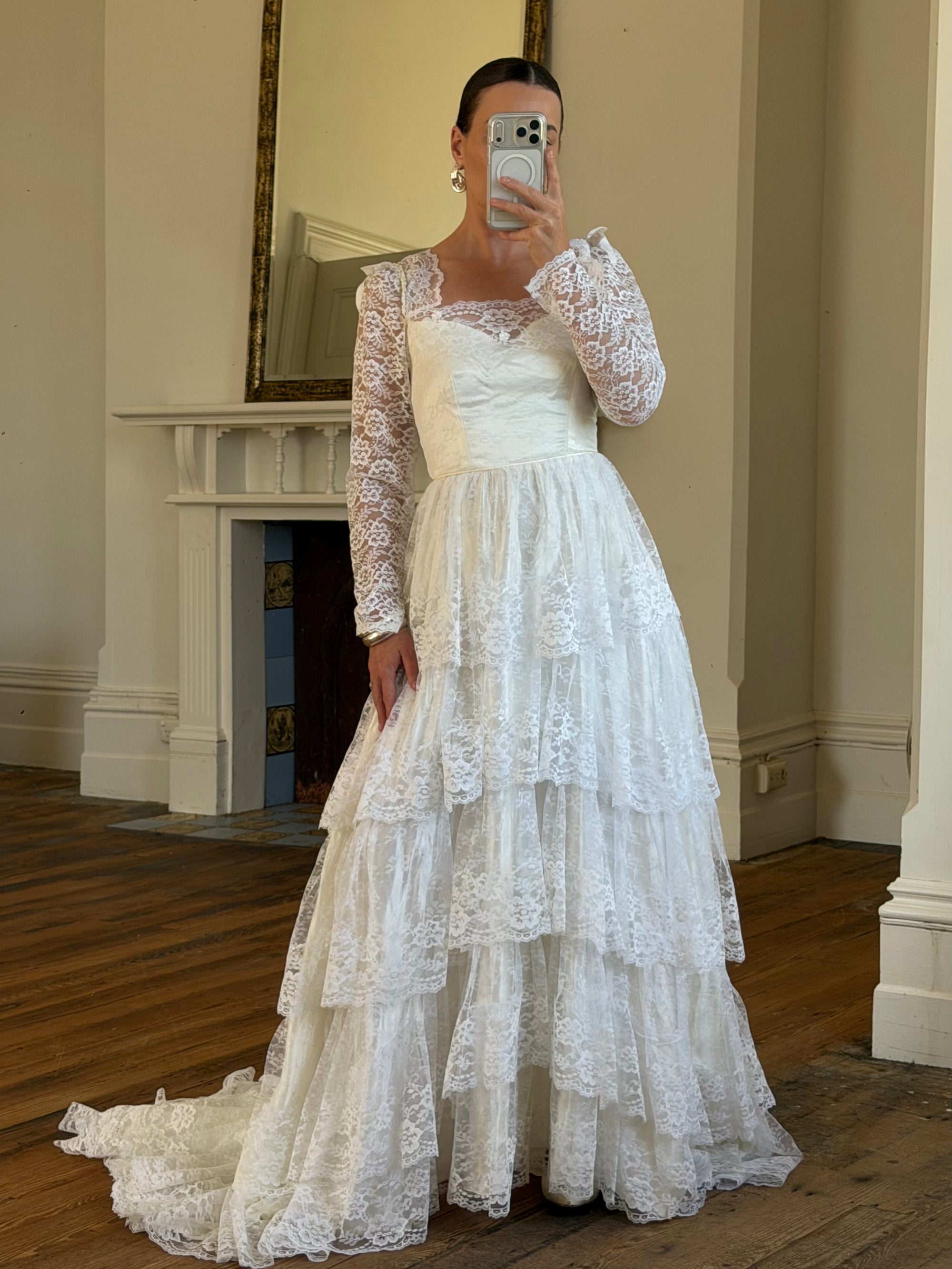 Vintage 70s Tiered Lace Wedding Dress With Cathedral Train