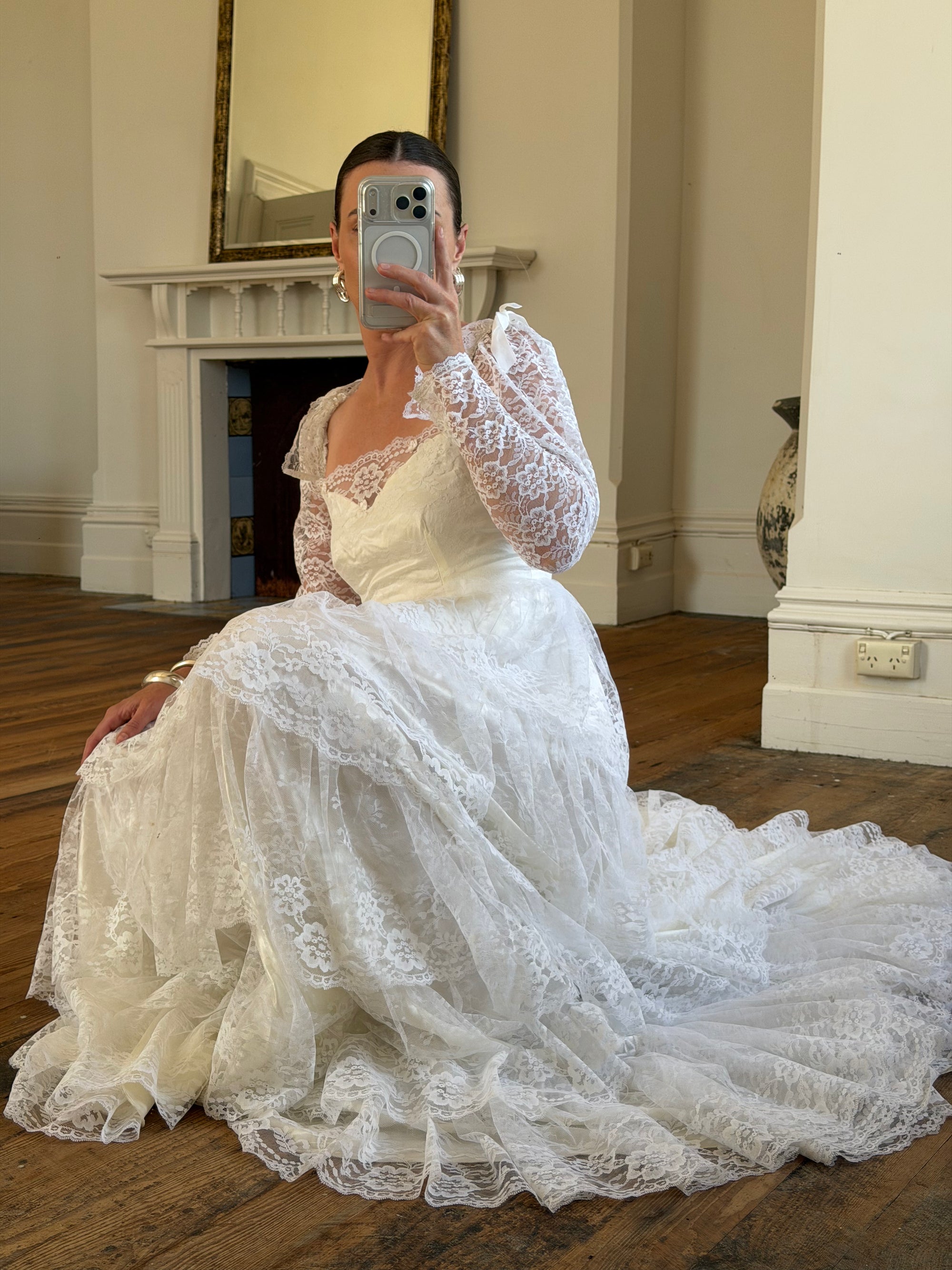 Vintage 70s Tiered Lace Wedding Dress With Cathedral Train