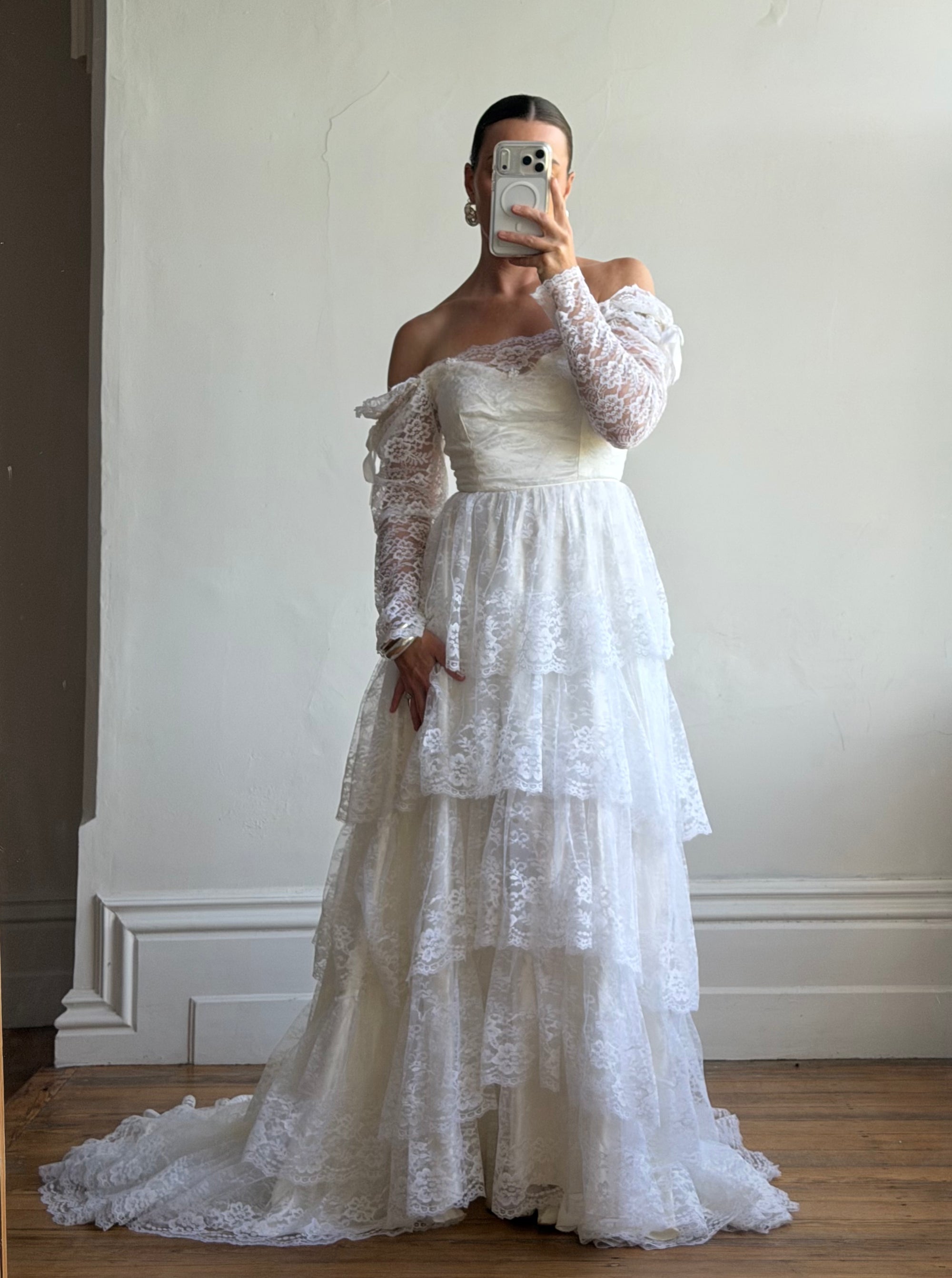 Vintage 70s Tiered Lace Wedding Dress With Cathedral Train