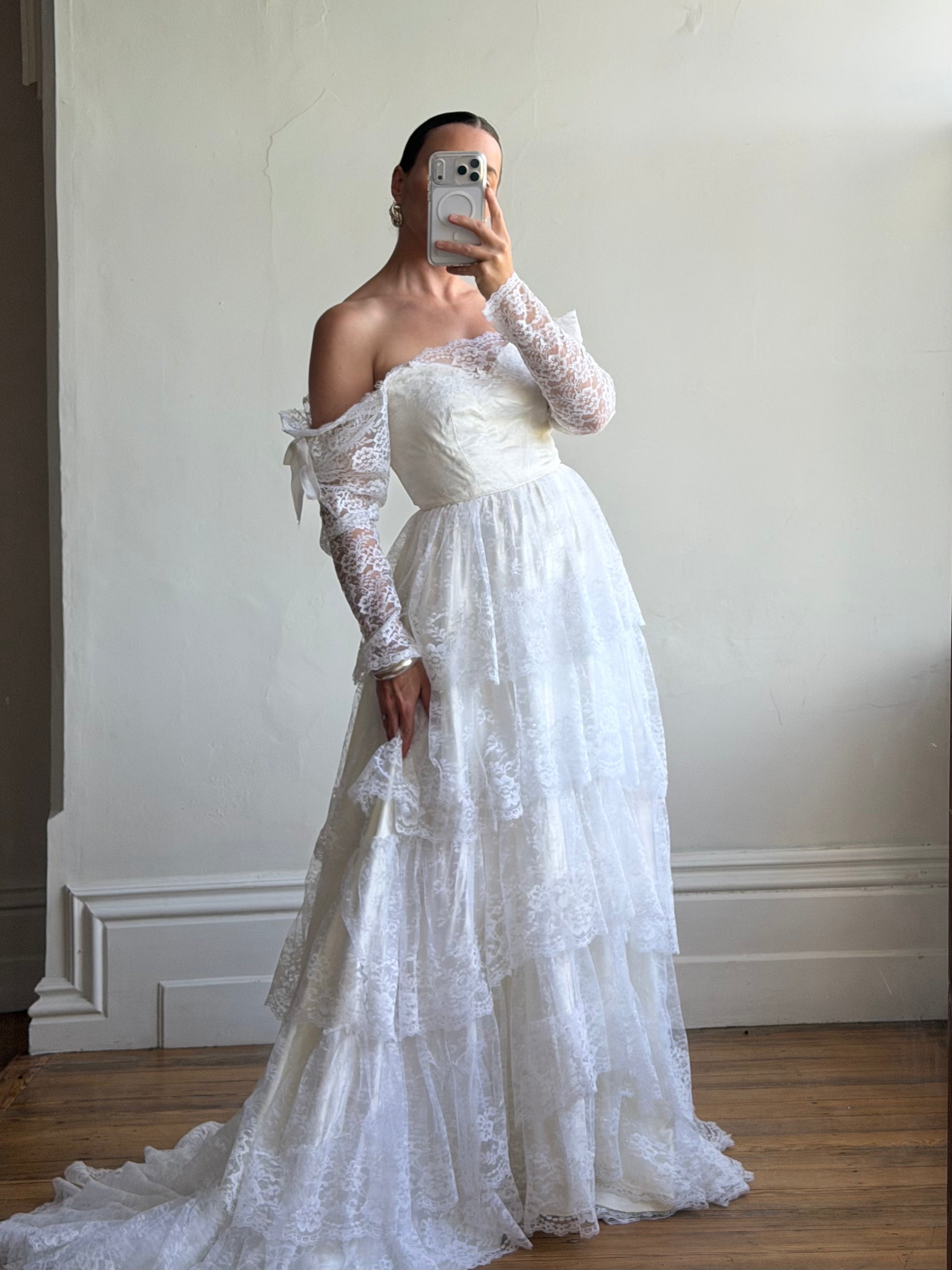 Vintage 70s Tiered Lace Wedding Dress With Cathedral Train