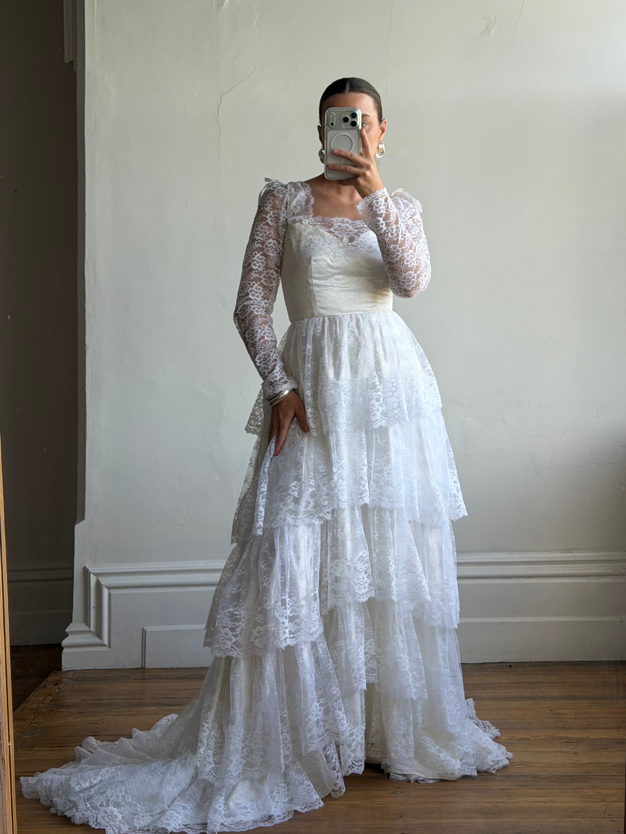 Vintage 70s Tiered Lace Wedding Dress With Cathedral Train