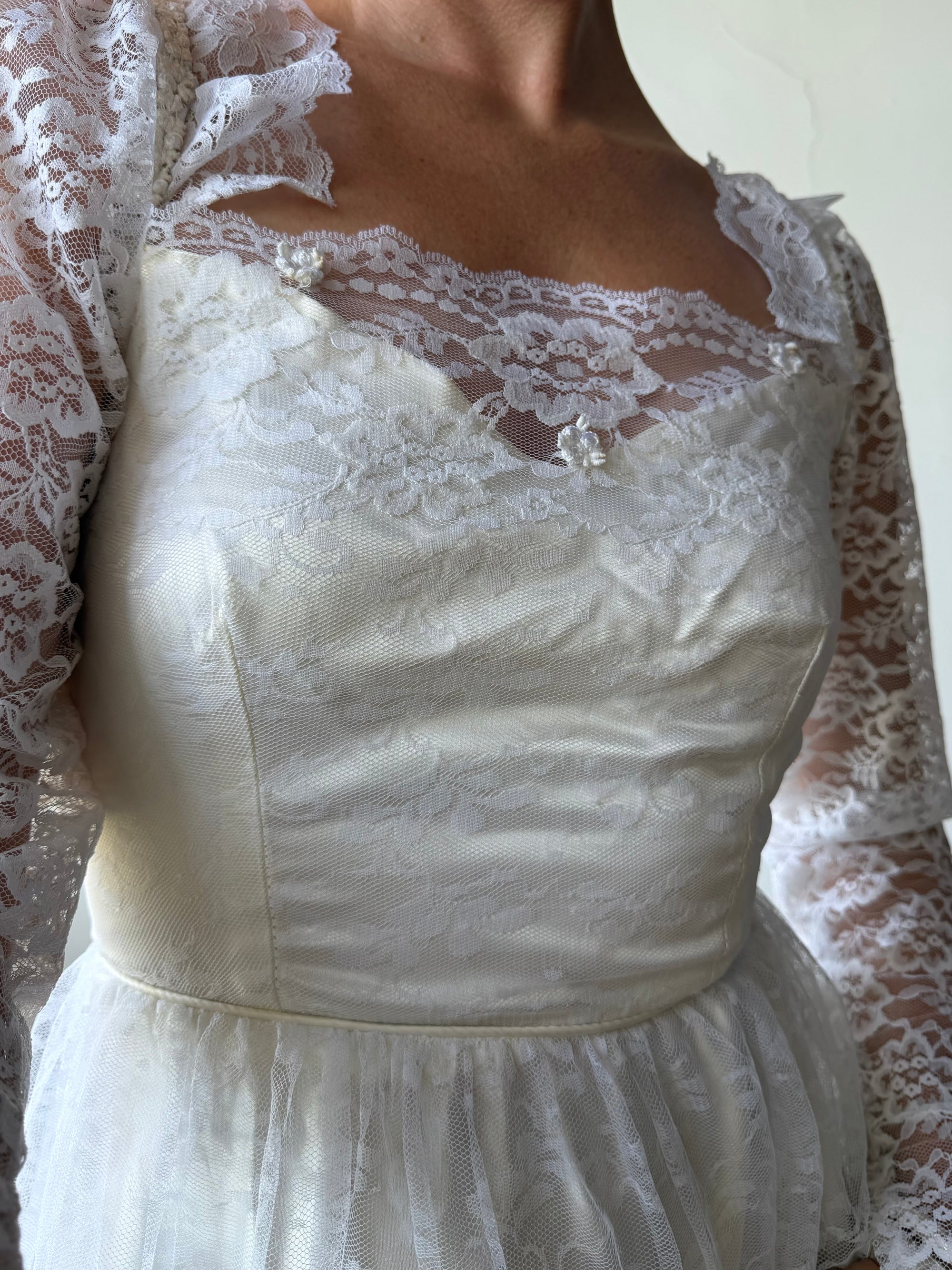 Vintage 70s Tiered Lace Wedding Dress With Cathedral Train