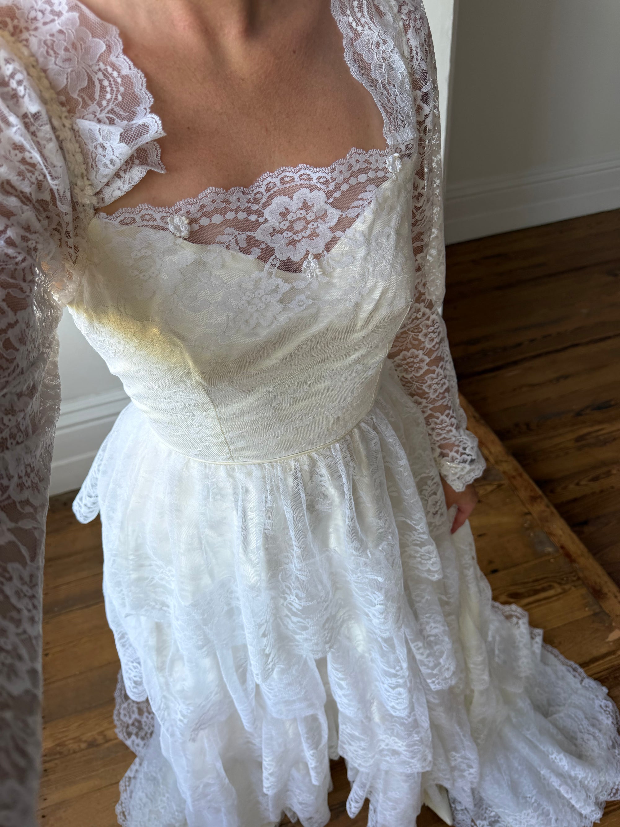 Vintage 70s Tiered Lace Wedding Dress With Cathedral Train