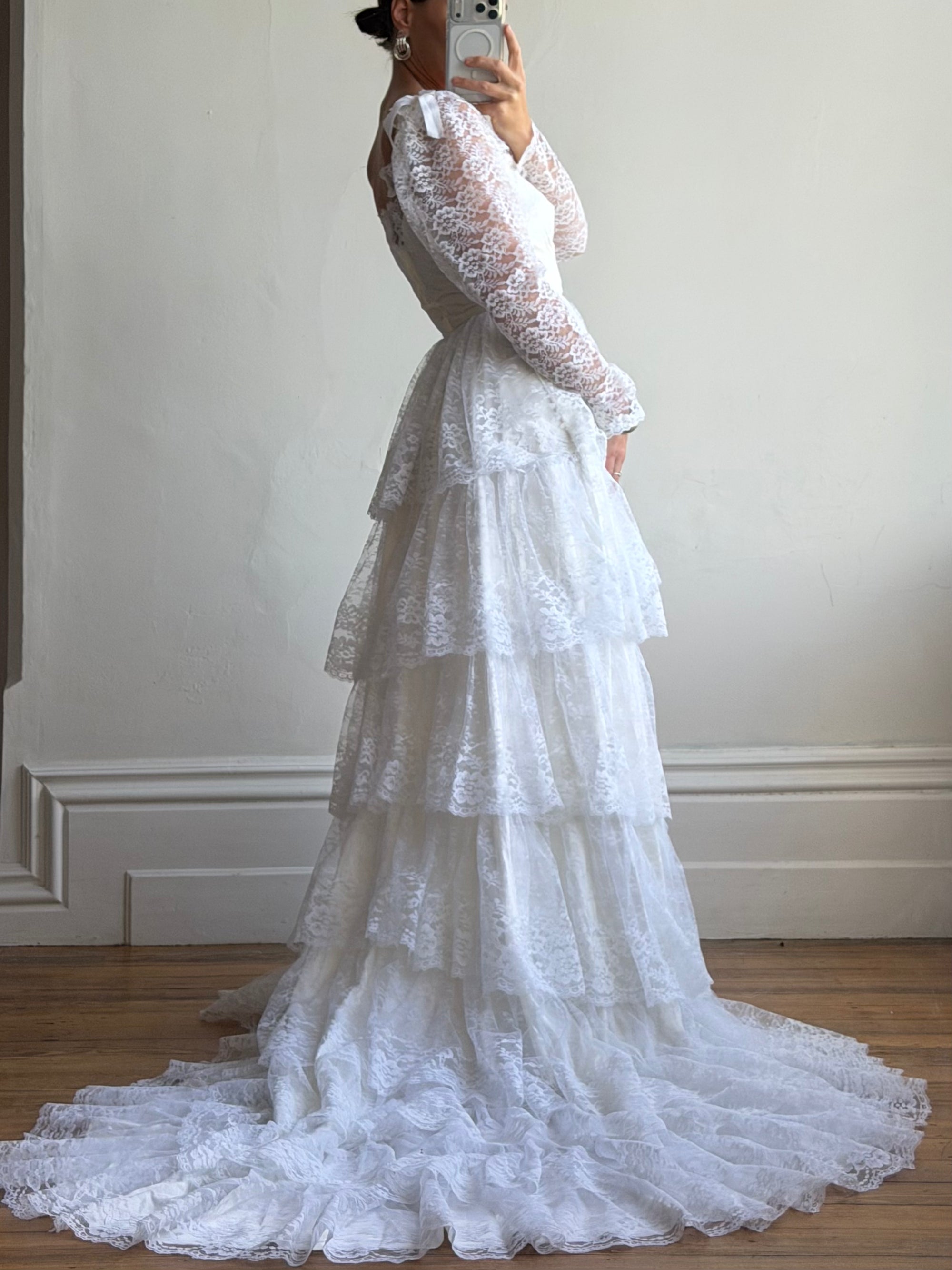 Vintage 70s Tiered Lace Wedding Dress With Cathedral Train