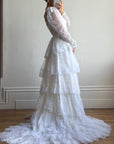 Vintage 70s Tiered Lace Wedding Dress With Cathedral Train