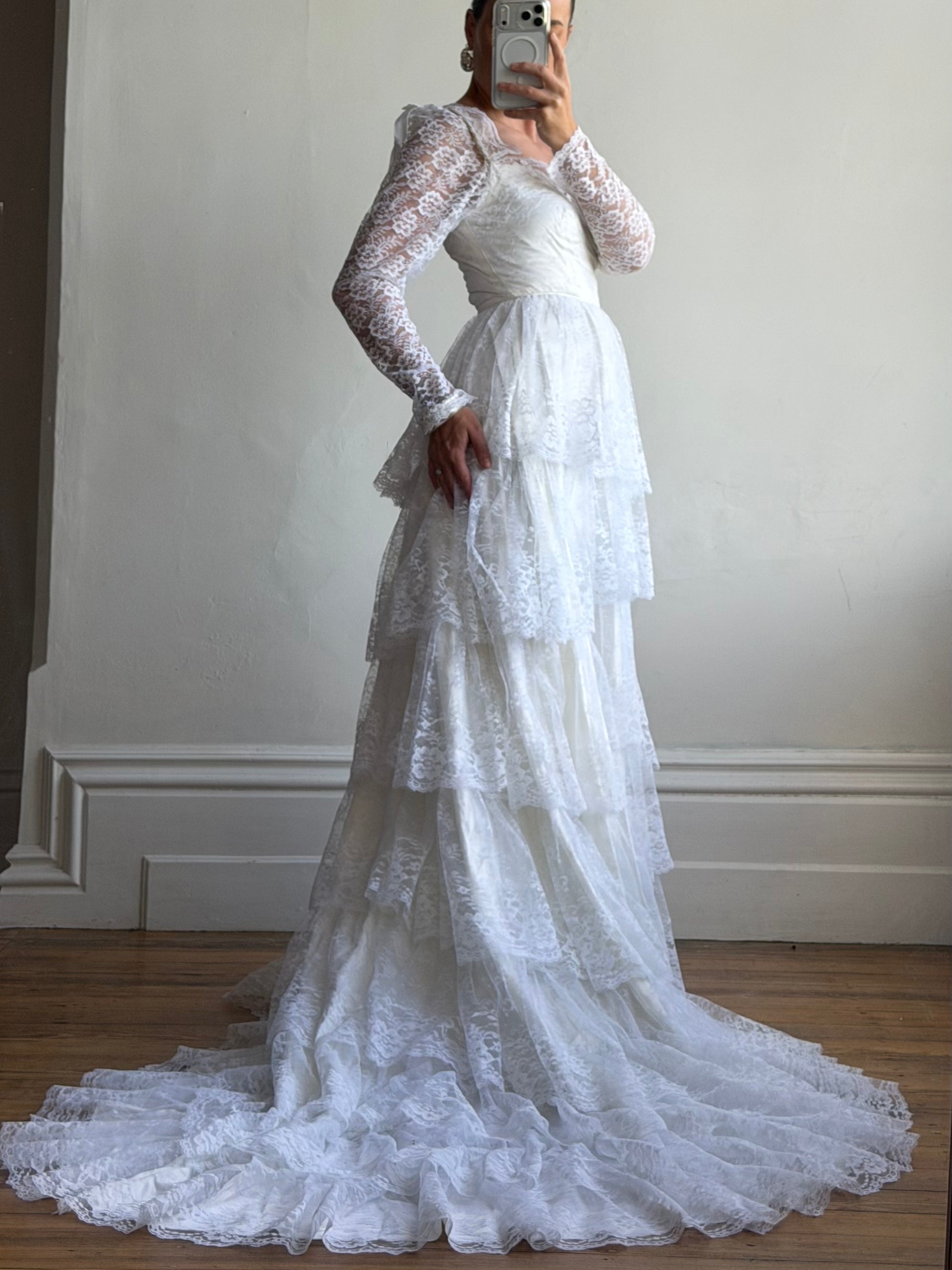 Vintage 70s Tiered Lace Wedding Dress With Cathedral Train