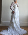 Vintage 70s Tiered Lace Wedding Dress With Cathedral Train