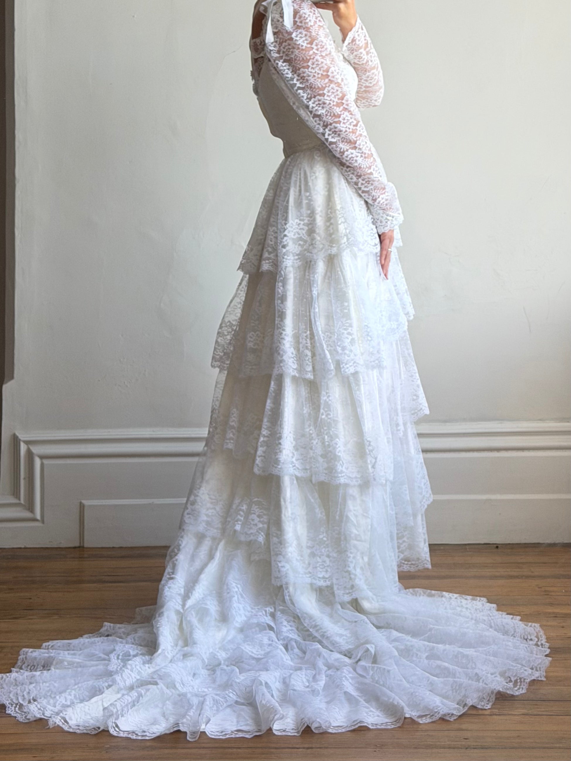 Vintage 70s Tiered Lace Wedding Dress With Cathedral Train