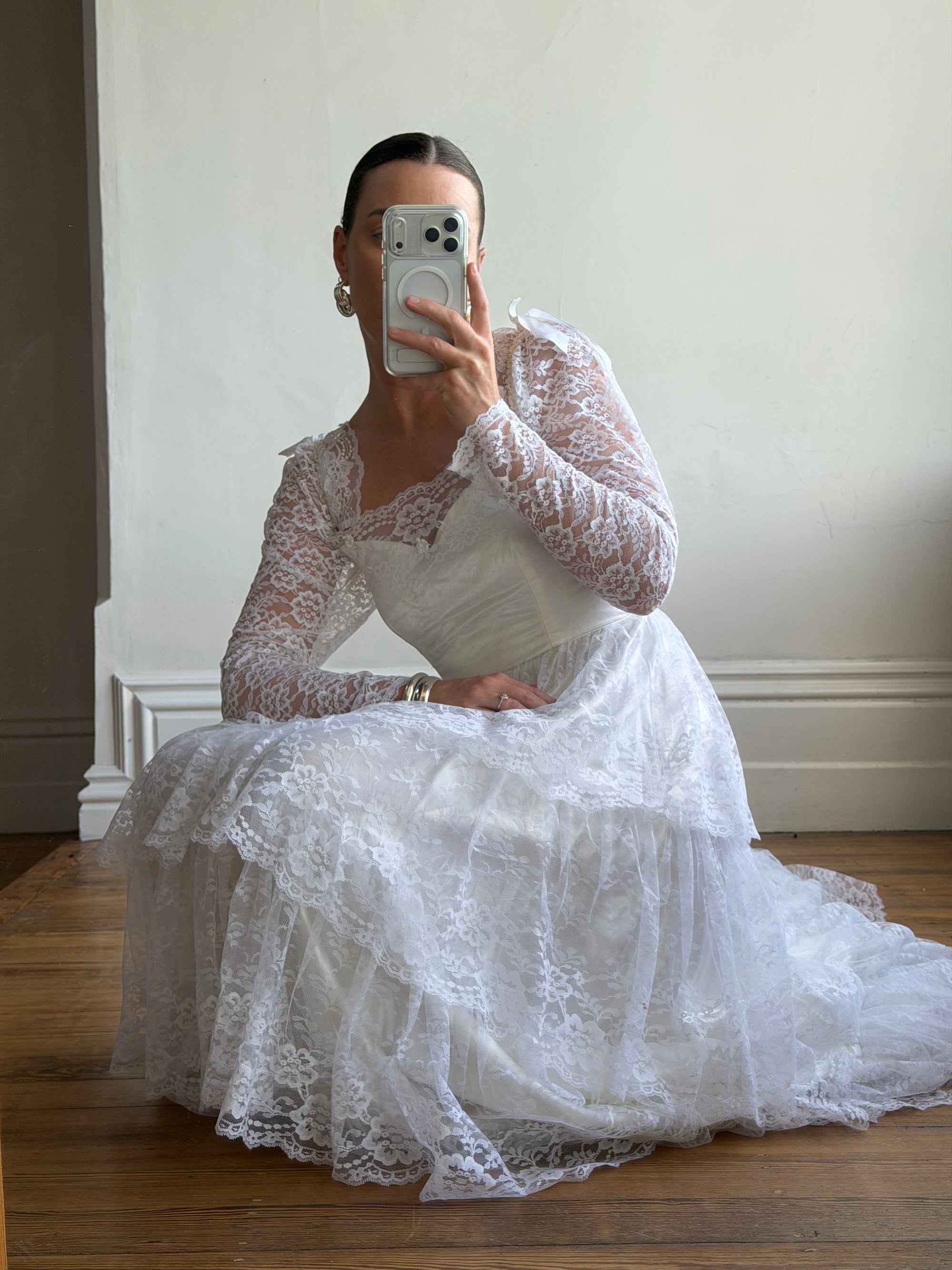 Vintage 70s Tiered Lace Wedding Dress With Cathedral Train