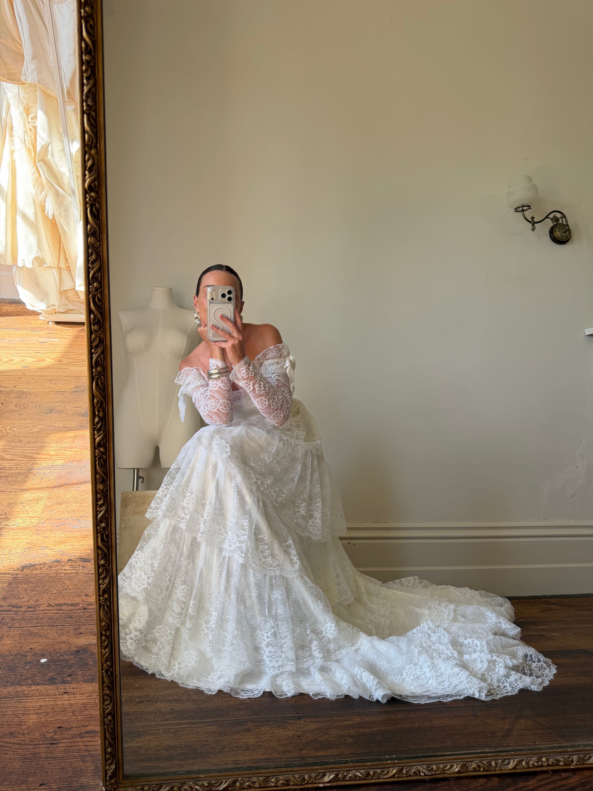 Vintage 70s Tiered Lace Wedding Dress With Cathedral Train