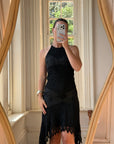 Vintage 90s Crochet Linen Handkerchief Halter Dress Noir