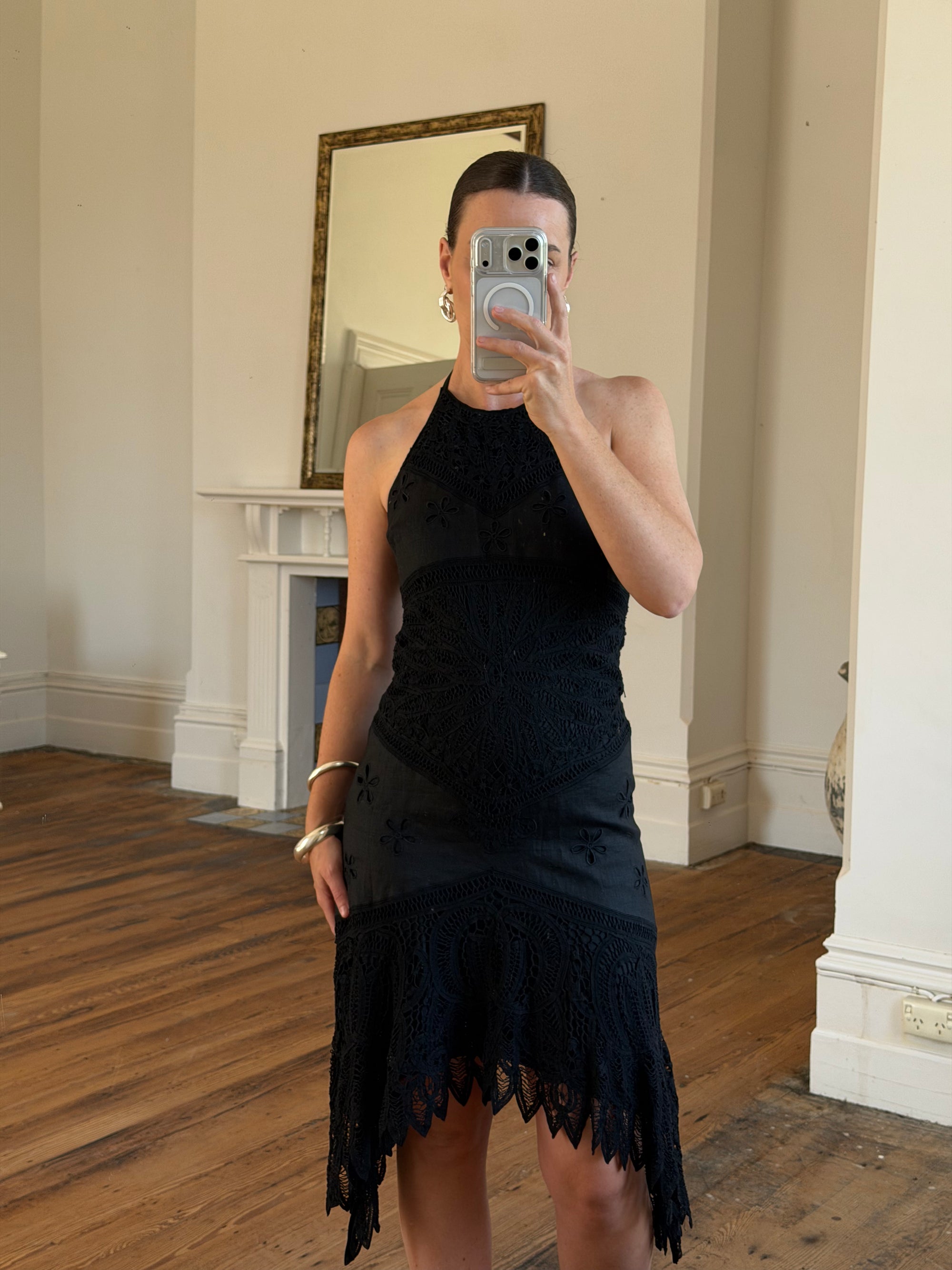 Vintage 90s Crochet Linen Handkerchief Halter Dress Noir