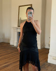 Vintage 90s Crochet Linen Handkerchief Halter Dress Noir