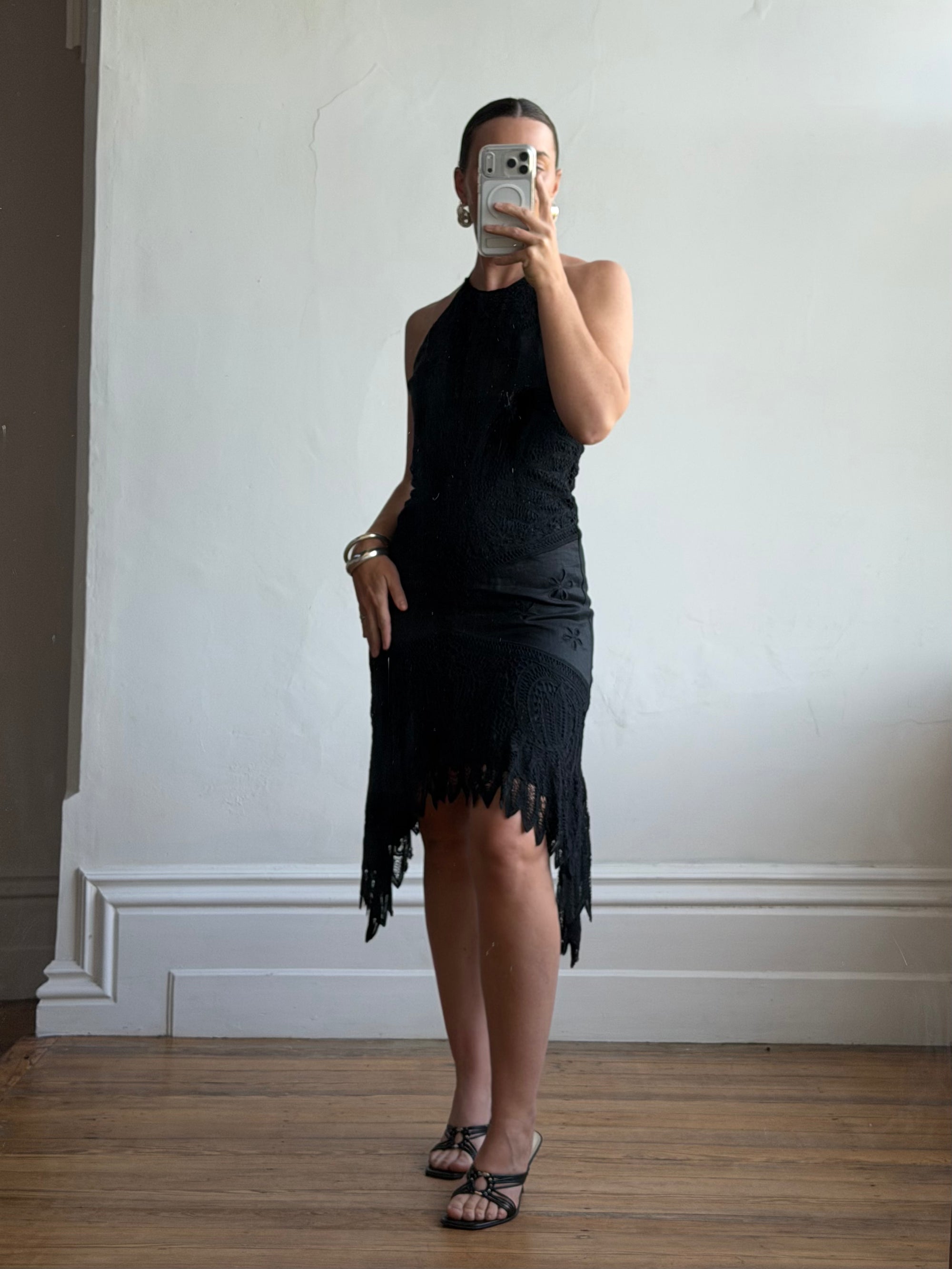 Vintage 90s Crochet Linen Handkerchief Halter Dress Noir