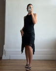 Vintage 90s Crochet Linen Handkerchief Halter Dress Noir