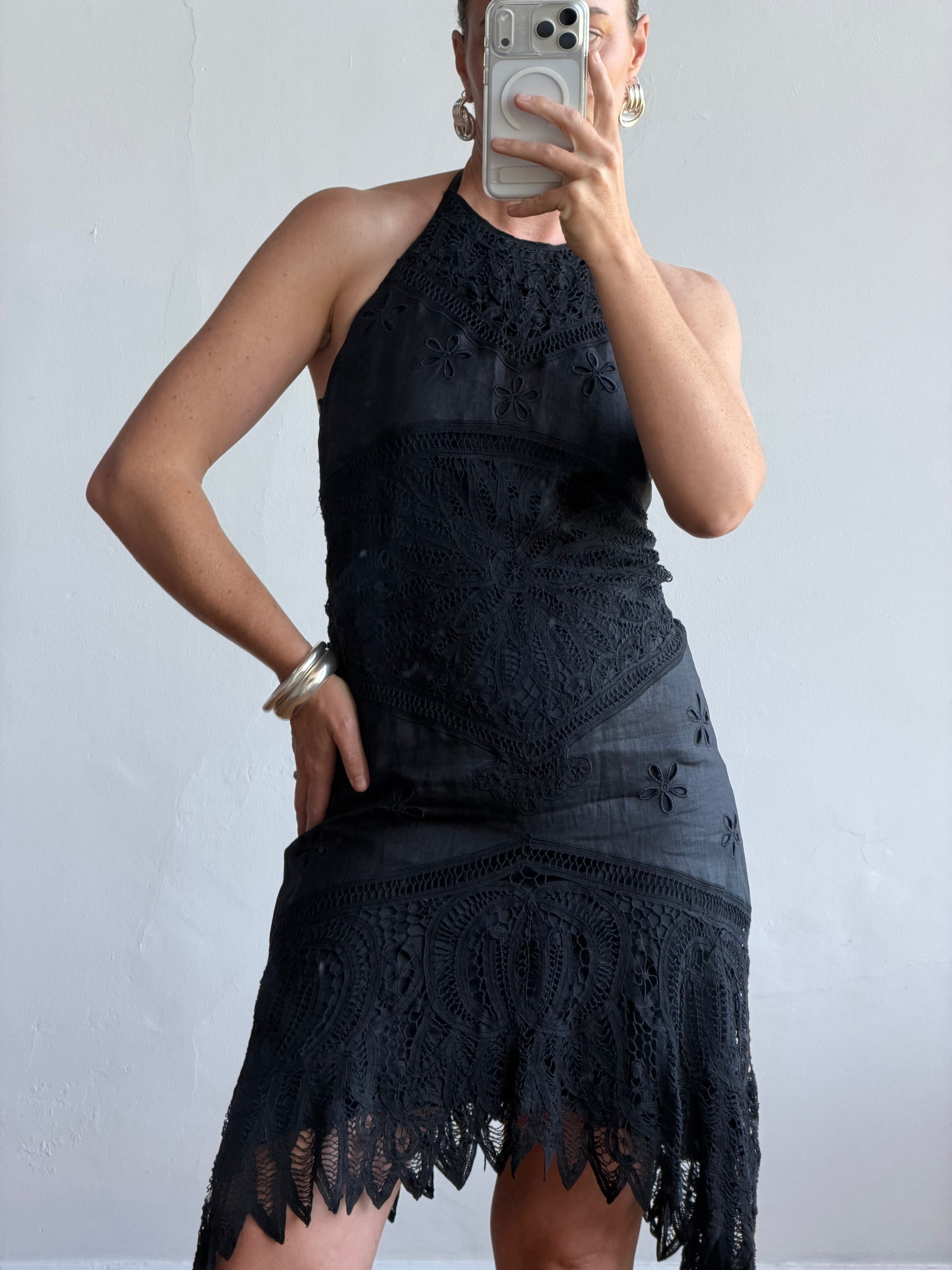 Vintage 90s Crochet Linen Handkerchief Halter Dress Noir