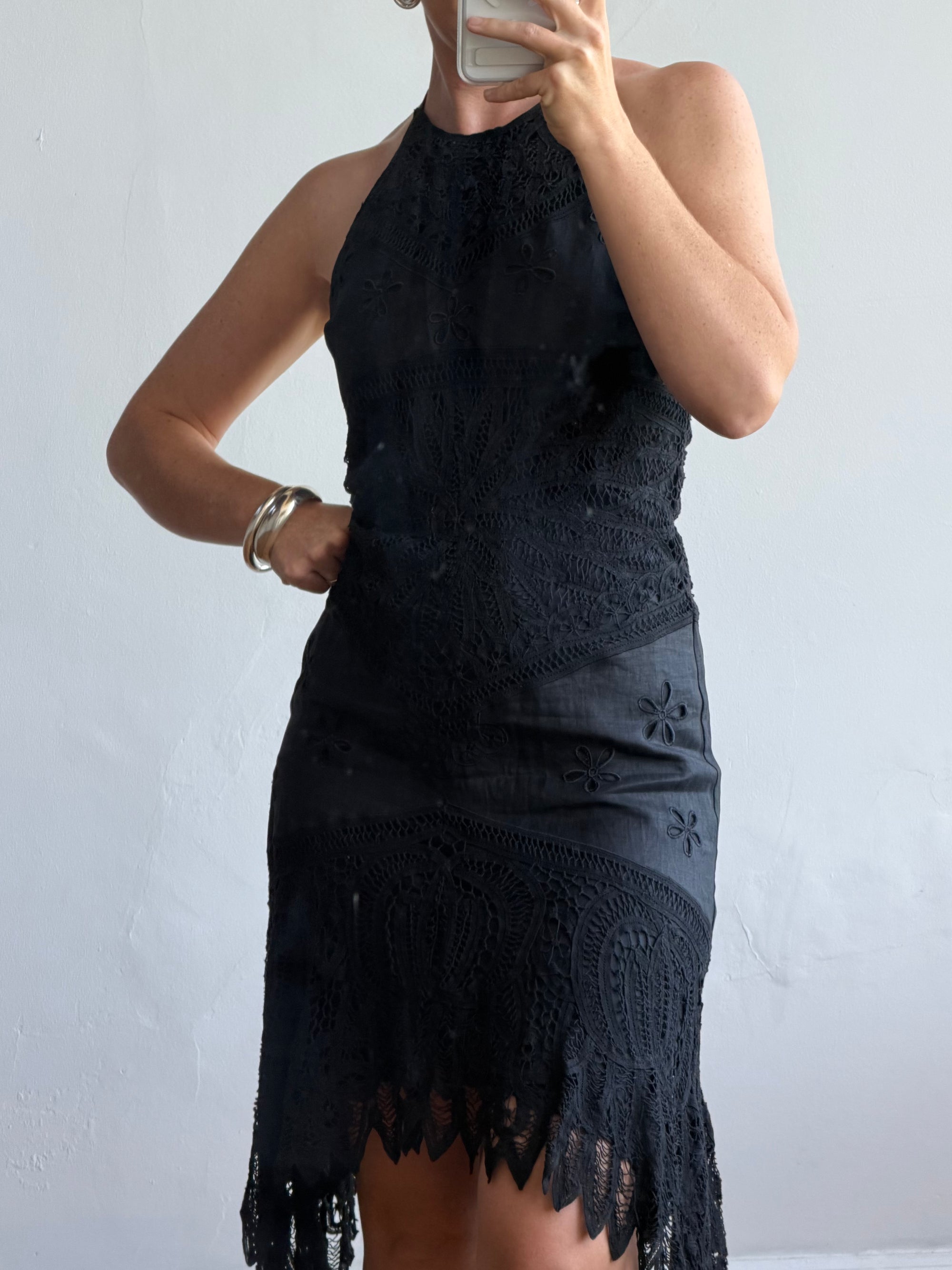 Vintage 90s Crochet Linen Handkerchief Halter Dress Noir