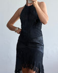 Vintage 90s Crochet Linen Handkerchief Halter Dress Noir