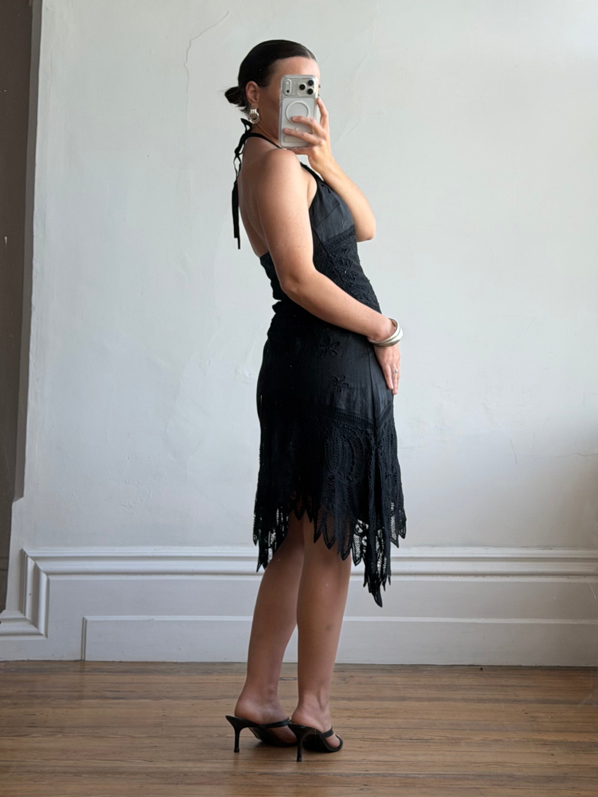 Vintage 90s Crochet Linen Handkerchief Halter Dress Noir