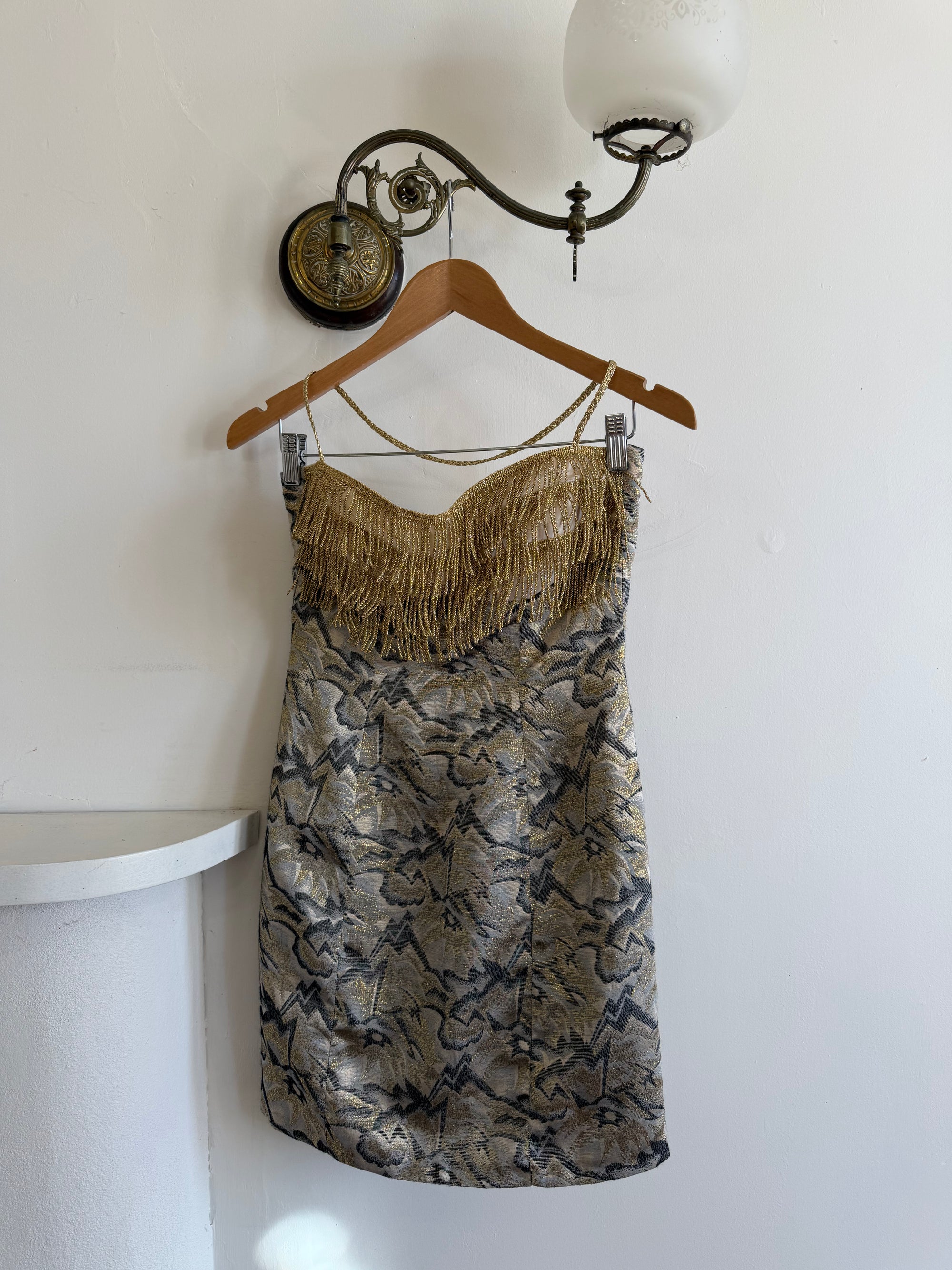 Vintage 90s Lurex Tapestry Golden Tassel Mini Dress