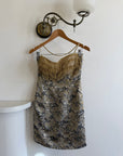 Vintage 90s Lurex Tapestry Golden Tassel Mini Dress