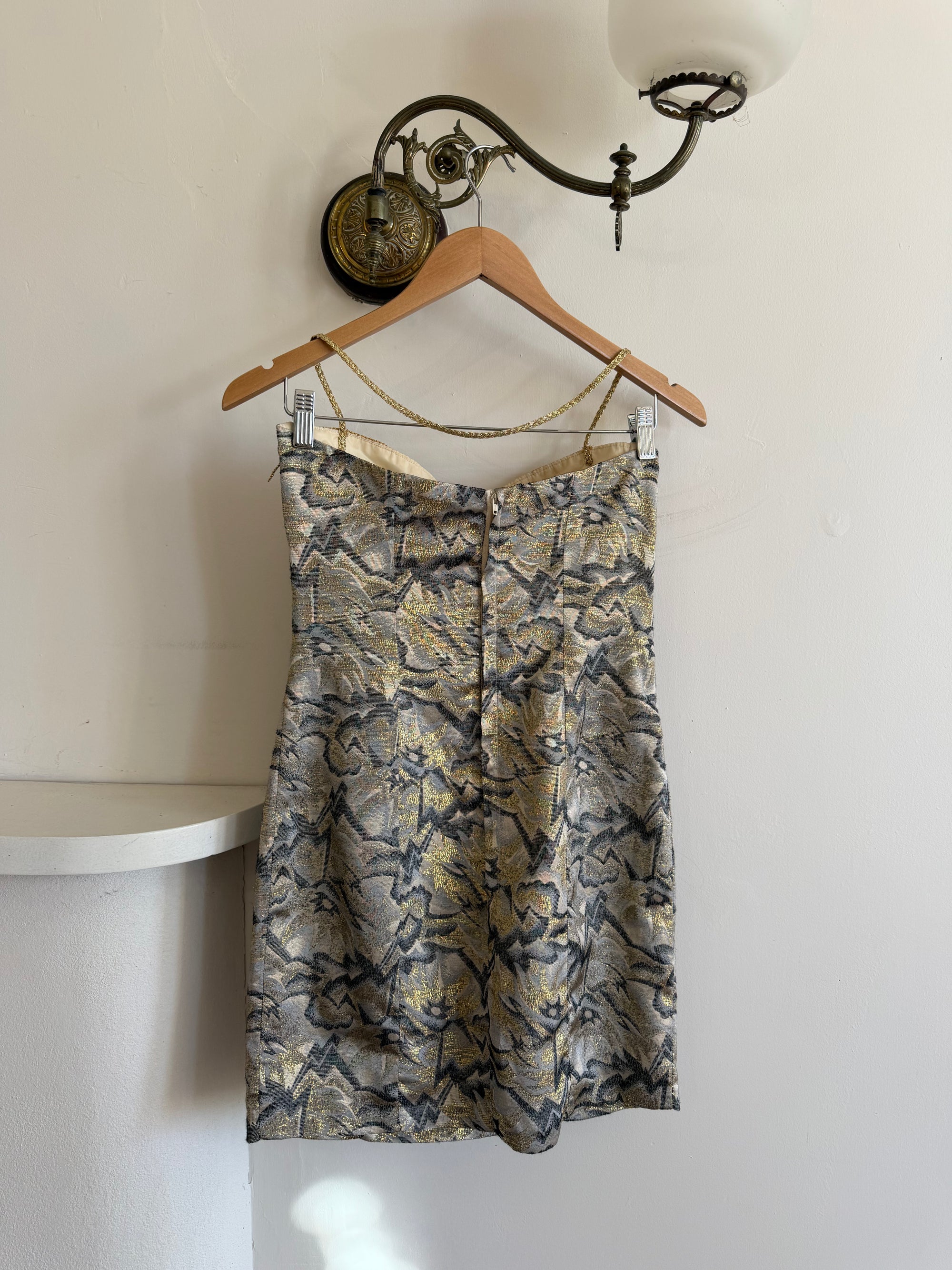 Vintage 90s Lurex Tapestry Golden Tassel Mini Dress