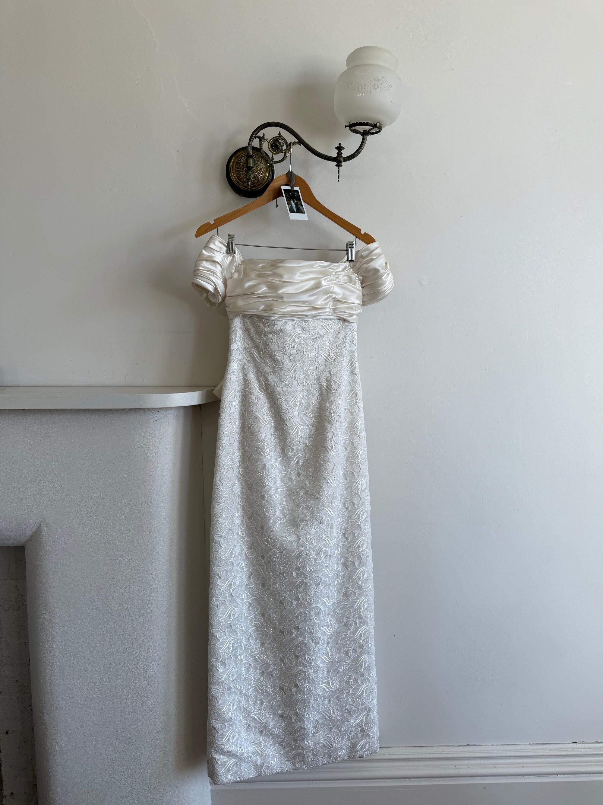 Vintage 90s Jacquard Lace Off Shoulder Wedding Gown with Bow and Train